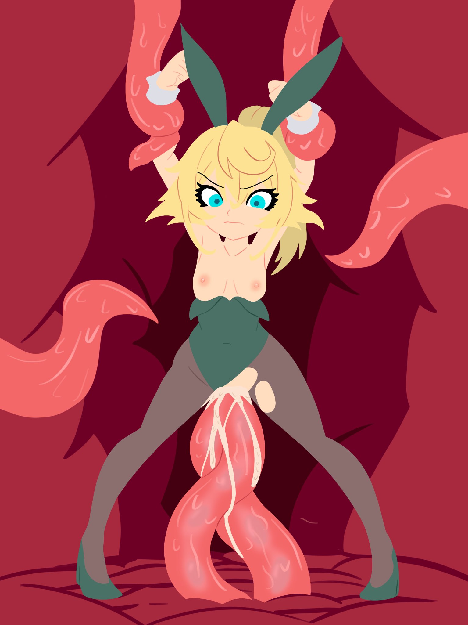 arms above head, blonde hair, blue eyes, bondage, bunnysuit, double penetration, flesh creature, flesh tunnel, legs spread, swisschocoart, tanya degurechaff, tentacle, tentacle bondage, tentacle monster, tentacle penetration, tentacle rape, tentacle sex, torn clothes, torn legwear, youjo senki