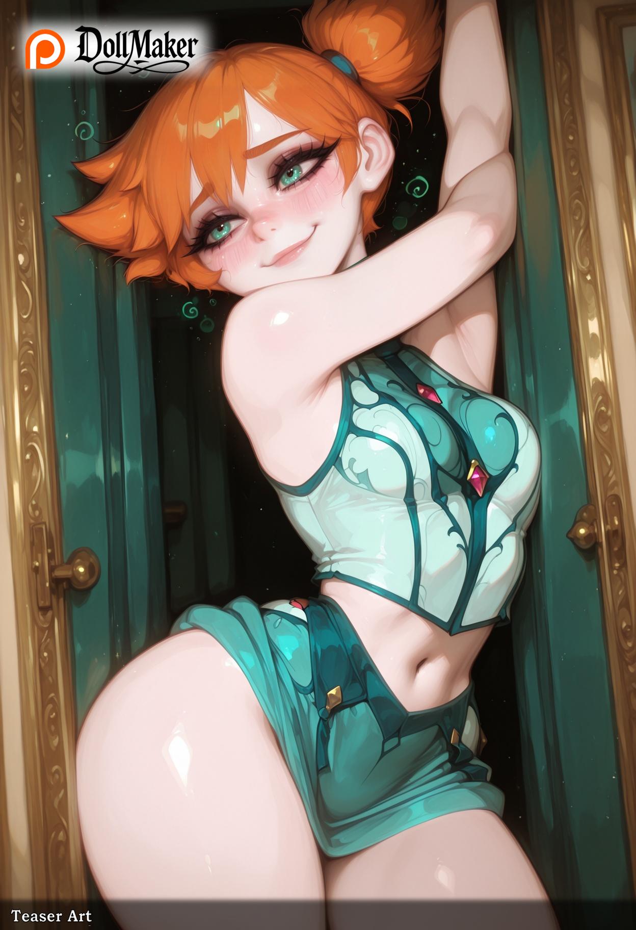 ? ai_generated armpits blush breasts dollmaker dollmaker_(artist) female green_eyes half-closed_eyes heart kasumi_(pokemon) mirror navel orange_hair patreon_logo patreon_username pokemon_(creature) shorts side_ponytail smile solo sonia_(pokemon) suspenders tagme watermark