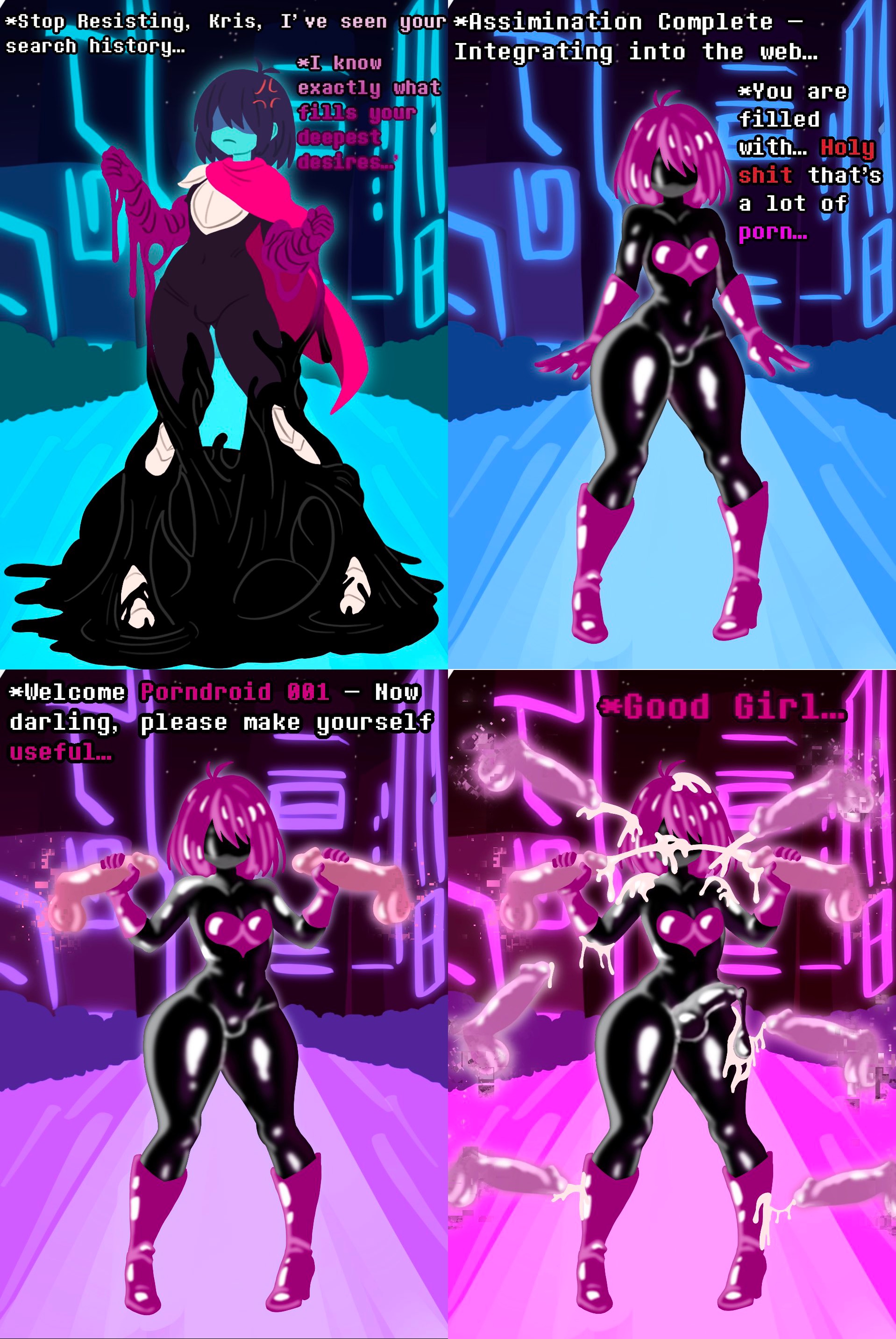 assimilation, background, blue skin, bukkake, corrupted, corruption, deltarune, deltarune chapter 2, double handjob, dronification, dual handjob, english text, female, handjob, identity death, kris (deltarune), latex, latex bodysuit, male, mind control, personality change, personality death, pink hair, resisting, stitched, swisschocoart, text, transformation, trap, yaoi