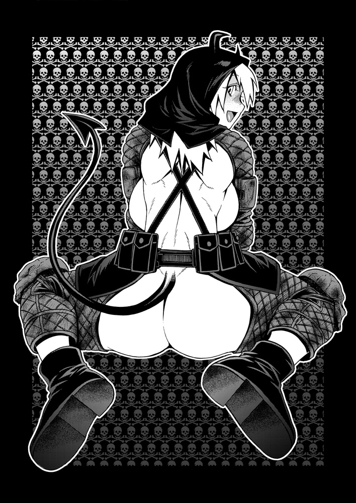 1girls, ass, back, boots, breasts, dorohedoro, female, female only, hood, horns, long hair, monochrome, nikaidou (dorohedoro), smile, solo, tail