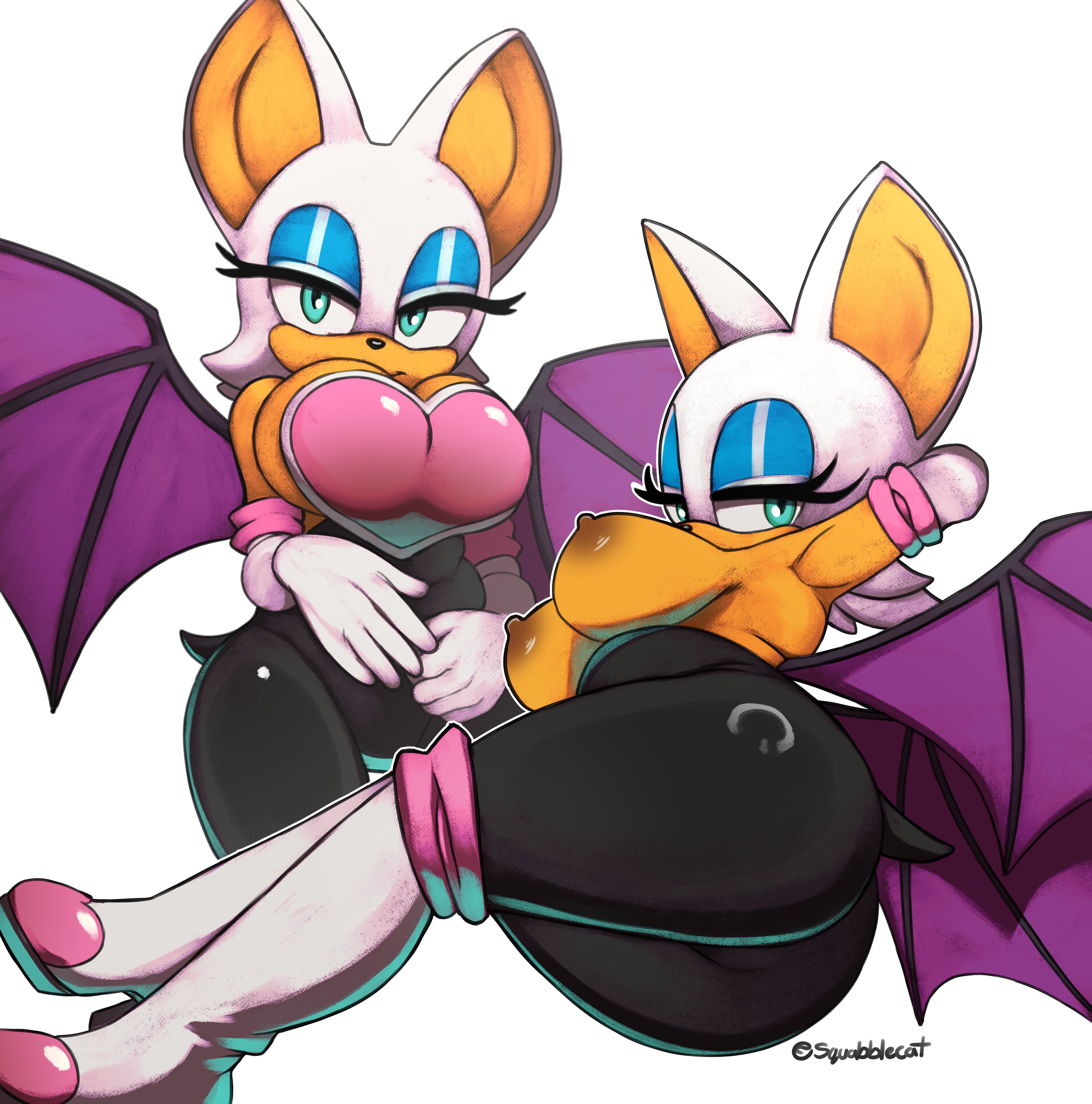 2020s, 2025, absurd res, anthro, armor, armwear, ass, bat, big ass, big ears, blue eyes, blue makeup, boots, breastplate, breasts, clothing, exposed breasts, eyelashes, female, footwear, gloves, handwear, hi res, high heeled boots, high heels, looking at viewer, mammal, nipples, raised arm, rouge the bat, sega, shoes, simple background, sitting, solo, sonic (series), sonic the hedgehog (series), squabblecat, tail, white background, wings