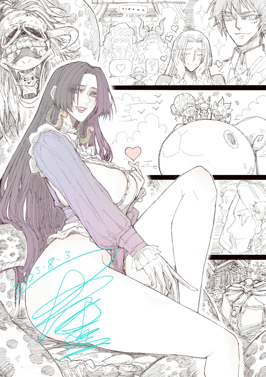 2023, 6+girls, absurdres, aphelandra, black hair, blue eyes, boa hancock, boa marigold, boa sandersonia, breasts, clothing, dated, earrings, female, gloves, going merry, heart, highres, jewelry, jun wu mo, junwumo, large breasts, male, marguerite, marguerite (one piece), monkey d luffy, multiple females, multiple girls, one piece, red lips, salome (one piece), signature, smile, snake, snake earrings, solo focus, spoken heart, sweet pea (one piece), thick thighs, thighs, thousand sunny, tony tony chopper