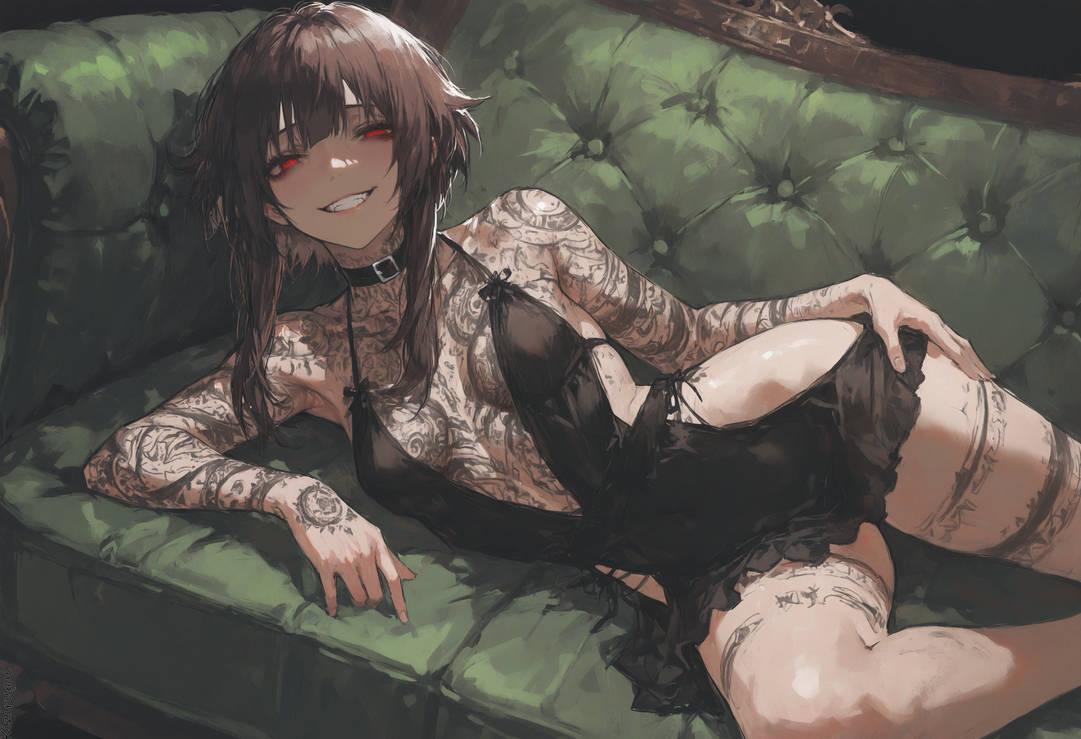 ai generated, breasts, dress, evil grin, female, kizirugai, kono subarashii sekai ni shukufuku wo!, megumin, no bra, revealing clothes, small breasts, tattoos