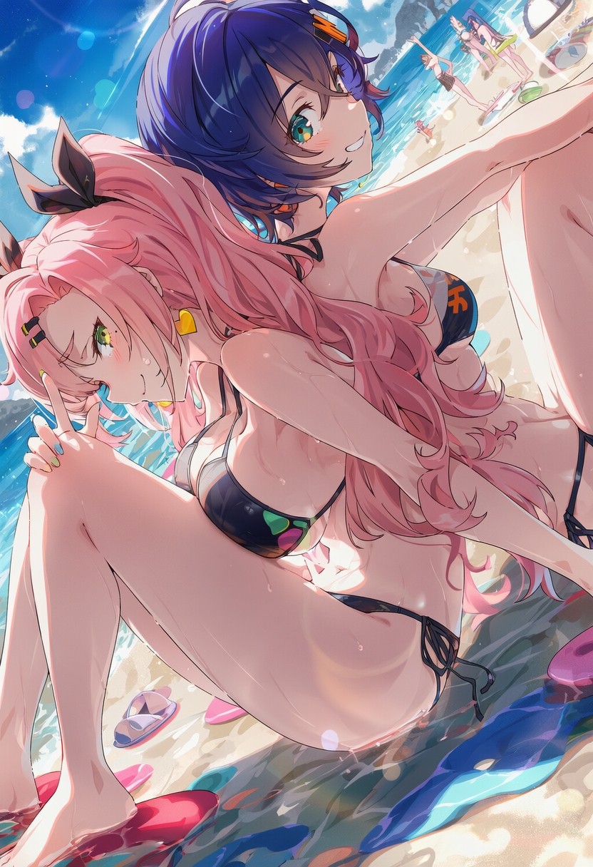 2girls ai_generated beach belle_(zenless_zone_zero) big_breasts bikini blue_hair breasts curvy_body curvy_female female green_eyes nicole_demara pink_hair raaicave swimsuit zenless_zone_zero