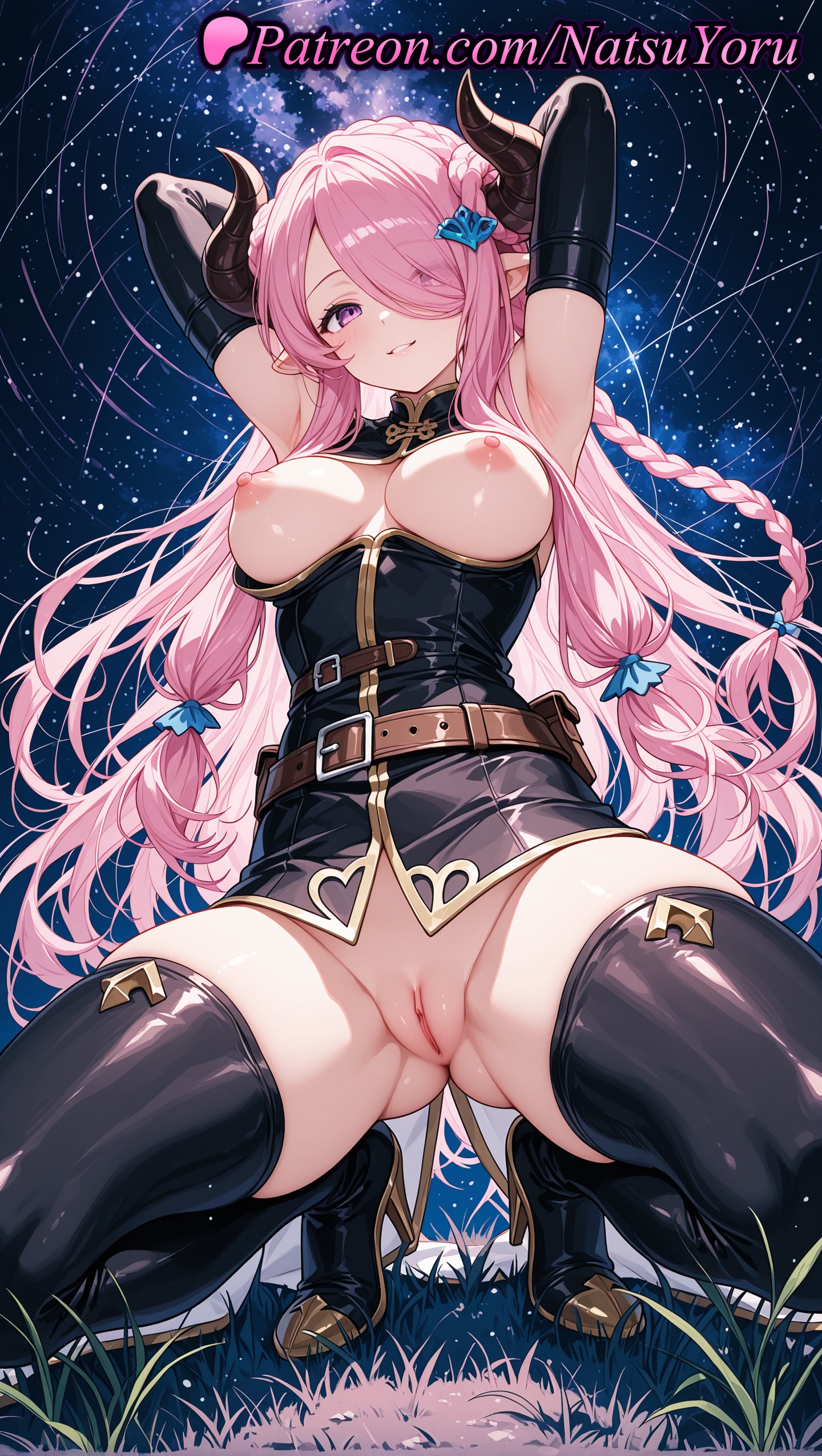 1girls, 2025, ai generated, armpit, armpits, arms behind head, arms up, ass visible through thighs, belt, black gloves, black thighhighs, blush, boots, bottomless, braid, breasts, breasts out, draph, elbow gloves, female, gloves, granblue fantasy, hair ornament, hair over one eye, hi res, high heel boots, high heels, highres, horns, large breasts, long hair, looking at viewer, narmaya (granblue fantasy), natsuyoru, night, nipples, patreon, pink hair, pointy ears, pussy, sky, smile, solo, squatting, thigh boots, thighhighs, thighs, uncensored, vagina, voluptuous, voluptuous female