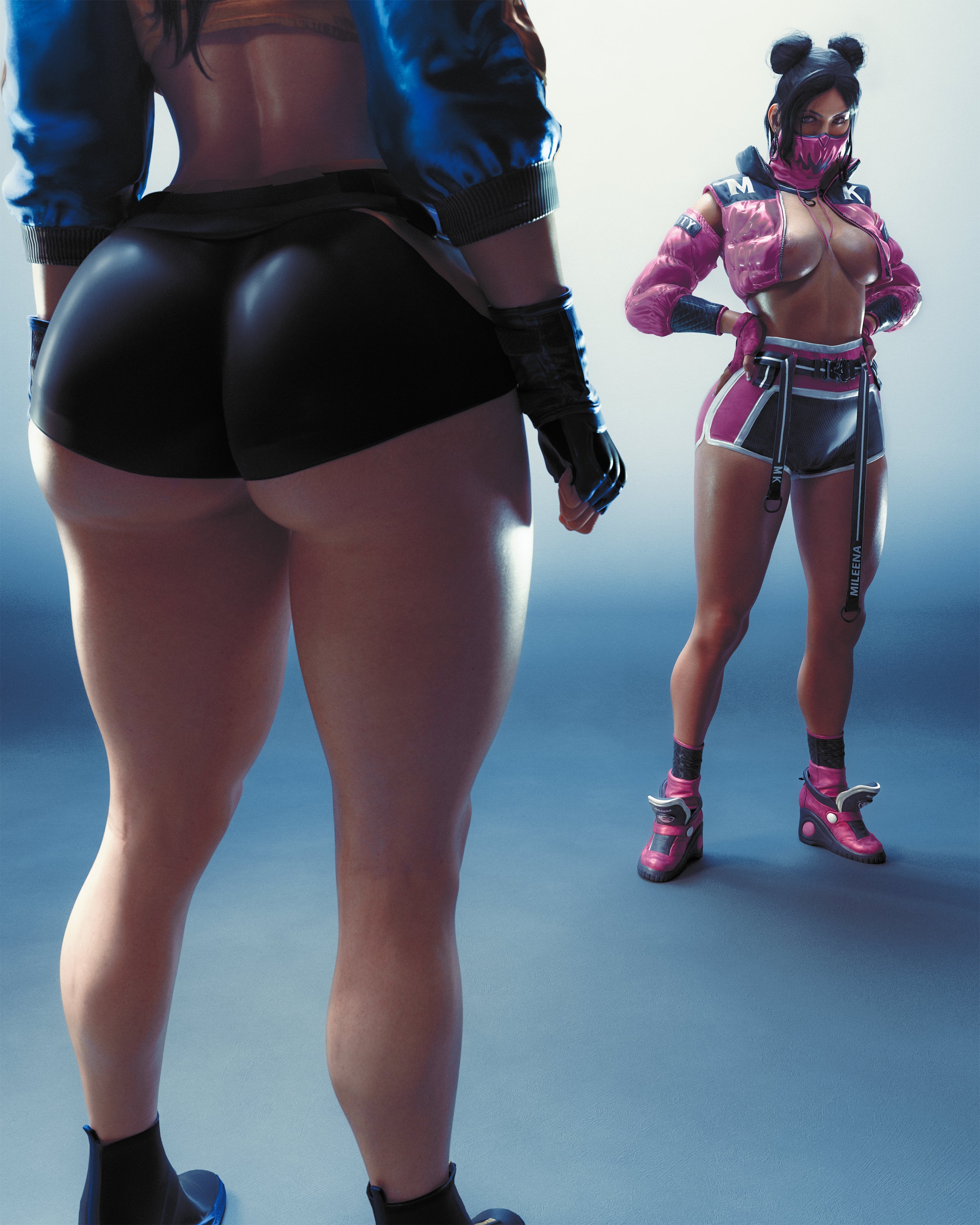 2025, 2girls, 3d, areolae slip, ass, athletic, athletic female, big ass, big breasts, big thighs, black hair, braless, breasts, cleavage, covered nipples, curvaceous, duo, female, female focus, female only, high heel sneakers, hotpants, hourglass figure, huge ass, jacket only, kitana, kitana (new era), light skin, light-skinned female, midriff, mileena, mileena (new era), mortal kombat, mortal kombat 1 (2023), netherrealm studios, nipple slip, nipples, nipslip, no bra, nv3d, official alternate costume, ox horns, pale skin, pale-skinned female, simple background, tagme, thick thighs, voluptuous, voluptuous female, wedge heels