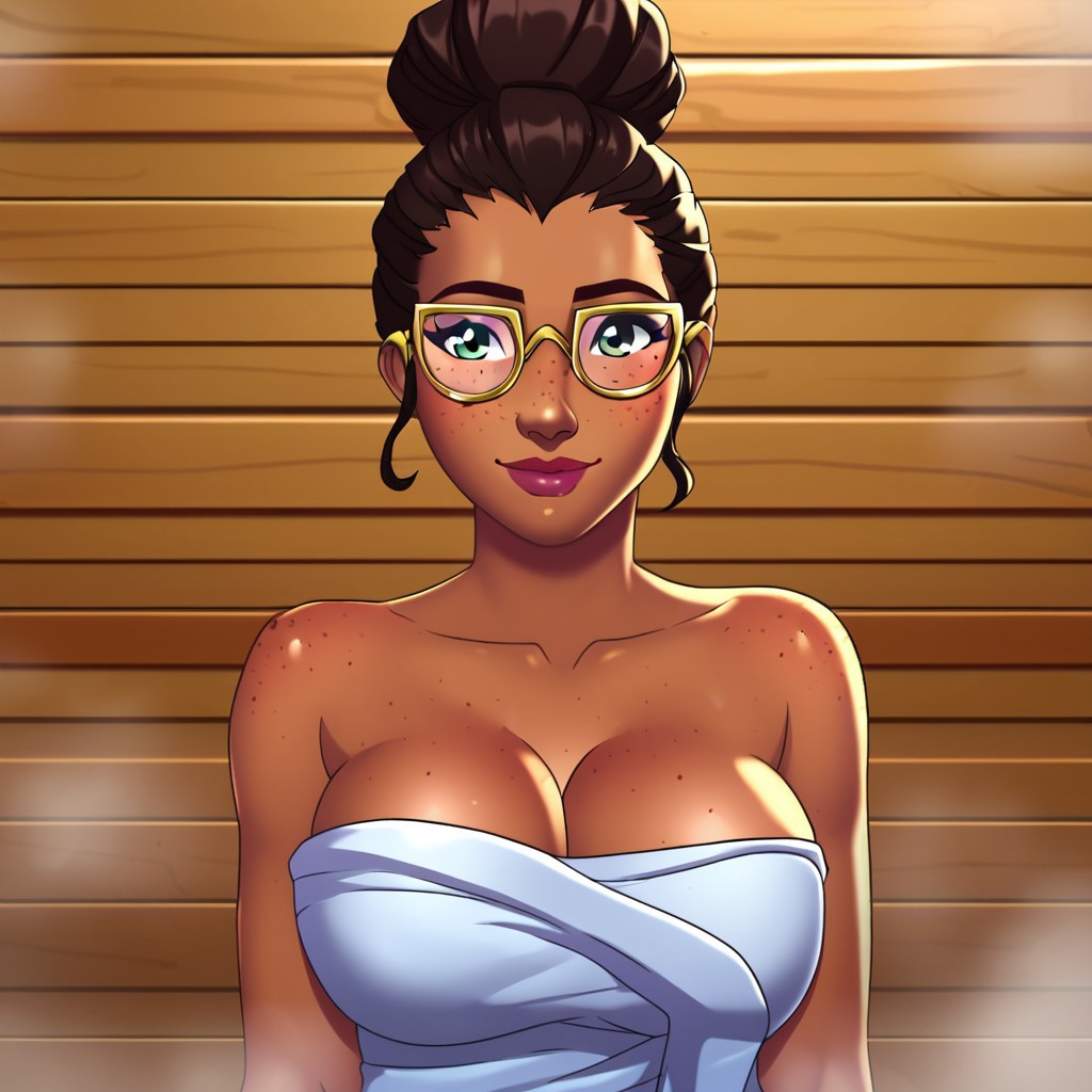 1girls ai_generated arcane big_breasts big_breasts breasts breasts brown_hair brown_skin cleavage female female female_focus female_only glasses large_boobs large_breasts league_of_legends looking_at_viewer sauna short_hair sky_young smile solo solo_female solo_focus towel towel_around_waist towel_only towel_over_breasts towel_wrap