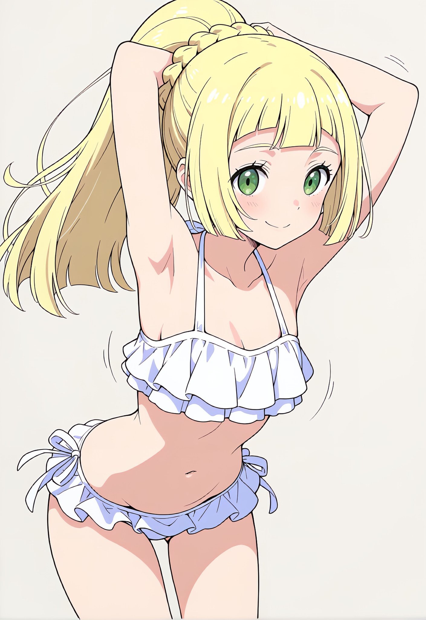 1girls, ai generated, bikini, blonde hair, female, female only, green eyes, hand in hair, lillie (pokemon), pokemon, pokemon sm, swimsuit