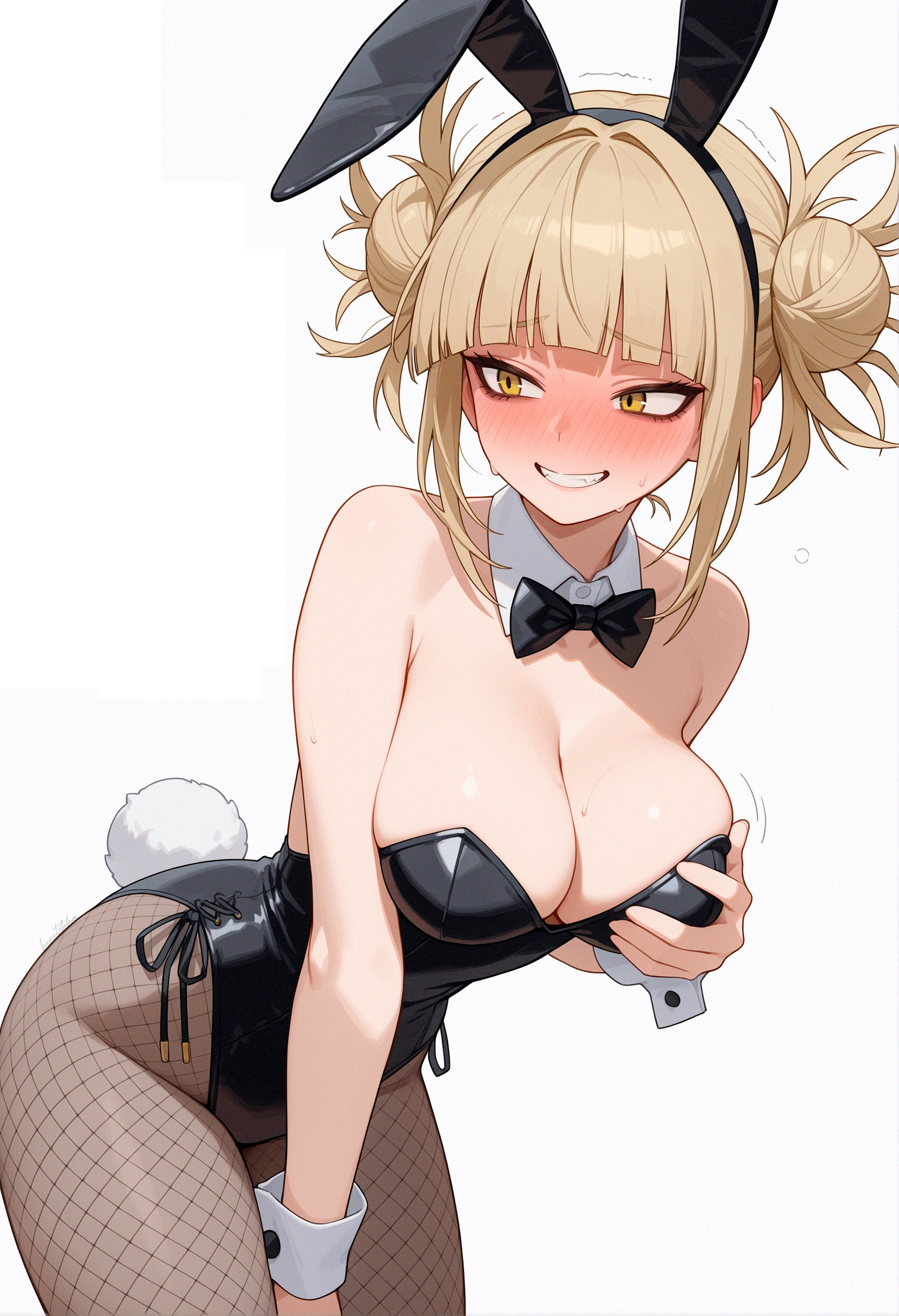 1girls, absurdres, ai generated, animal ear hairband, animal ears, bangs, bare arms, bare breasts, bare shoulders, black bow, black bowtie, black leotard, blonde hair, blonde-haired female, blunt bangs, blush, boku no hero academia, bow, bowtie, breasts, covered navel, detached collar, double bun, fake animal ears, fake tail, female, female only, hair bun, hairband, heretikka, highleg, highleg leotard, highres, himiko toga, holding own breasts, large breasts, leotard, looking to the side, messy hair, model request, my hero academia, open mouth, pantyhose, rabbit ear hairband, rabbit ears, rabbit tail, short hair, sidelocks, smile, solo, strapless, strapless leotard, tail, teeth, thighs, undressing challenge, white background, white wrist cuffs, wrist cuffs, yellow eyes