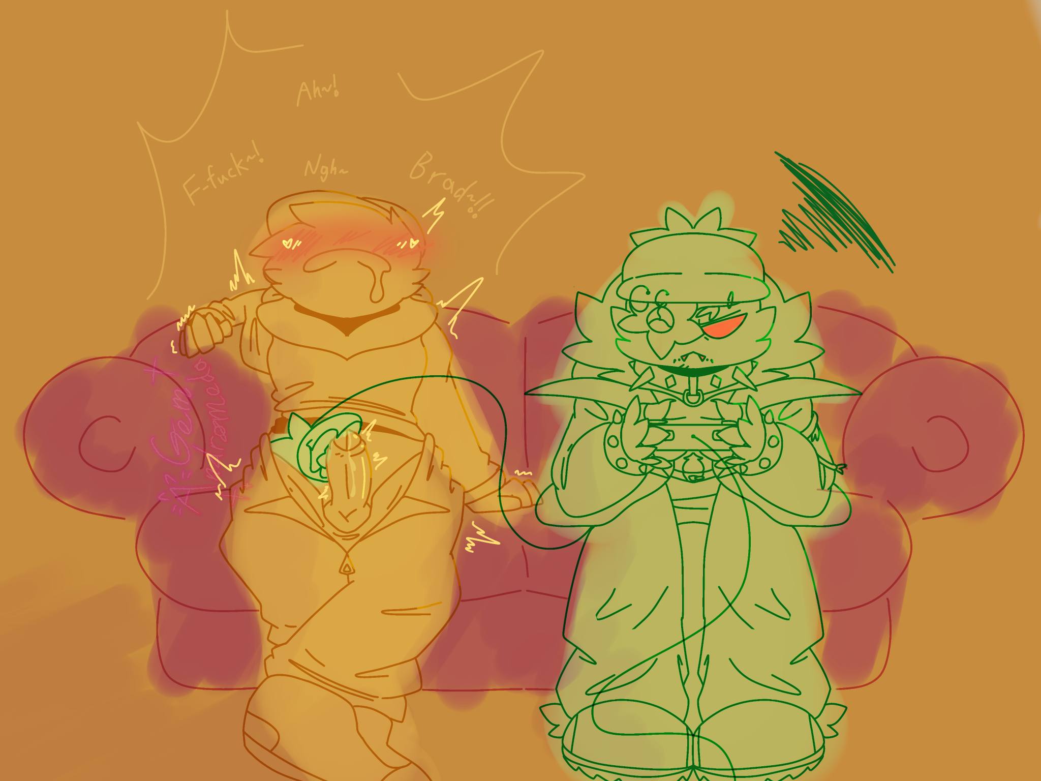 2boys, block tales, couch, game controller, gemandromeda, griefer (block tales), looking pleasured, male, male only, non-human, non-human only, plant, plant tail, player (block tales), precum, robloxian, sitting, toony, yaoi