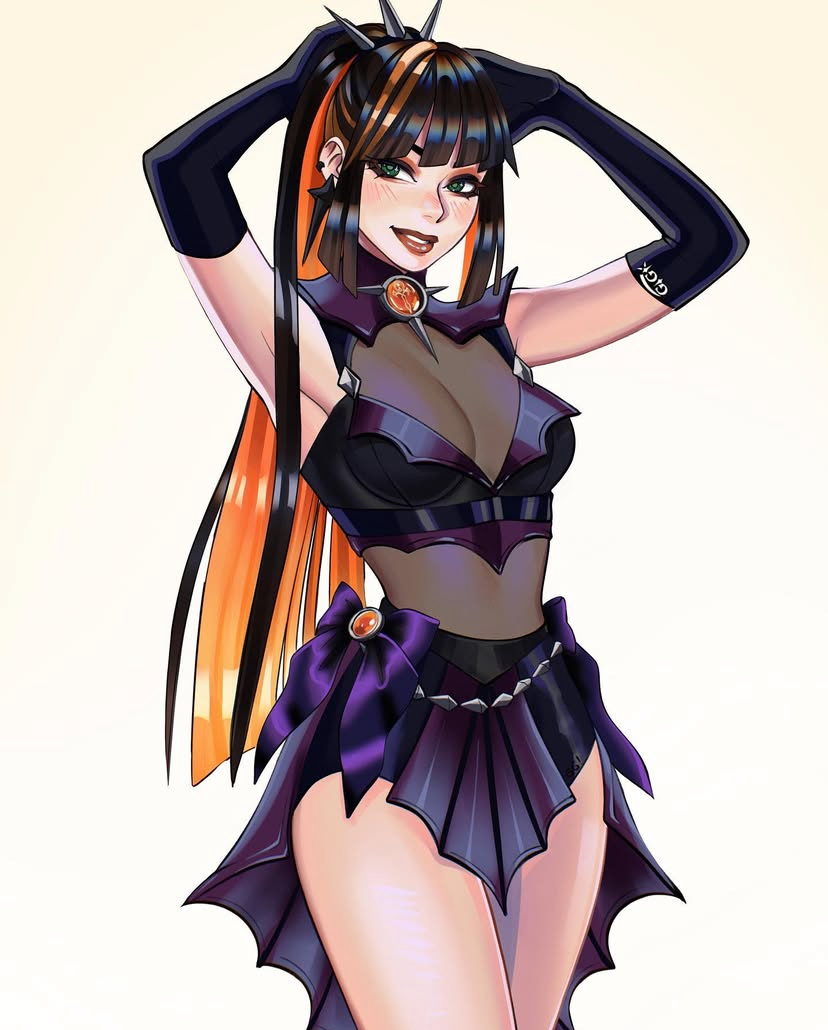 arms behind head, bare legs, black hair, blush, breasts, countess daraku (fortnite), female, fortnite, fortnite: battle royale, gigis lab, gloves, goth, goth girl, lipstick, orange hair, ponytail, see-through clothing, simple background, skirt, tagme, white background