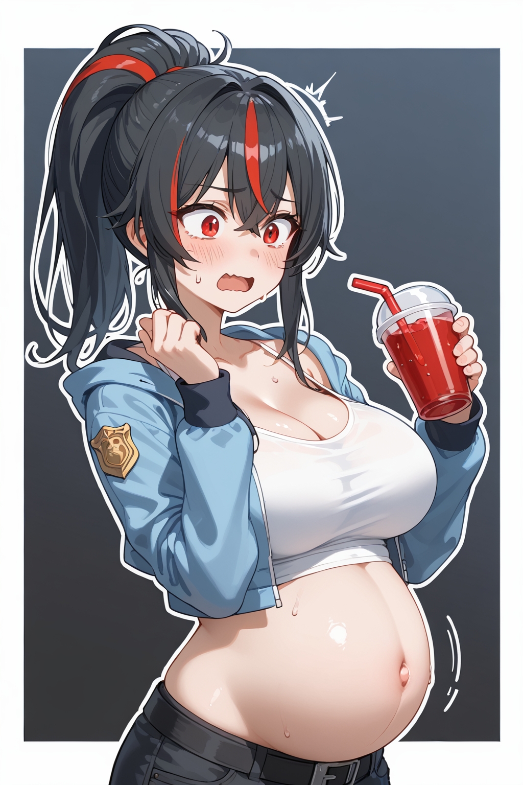 1girls ai_generated ass belly belly_button black_hair black_hair_female breasts exposed_belly exposed_belly_button exposed_pregnant_belly female hoyoverse light-skinned_female light_skin mihoyo mihoyo_technology_(shanghai)_co._ltd. new_eridu_public_security ponytail ponytail_(hair) ponytail_female pregnant pregnant_belly pregnant_female red_eyes red_eyes_female standing thick_thighs thighs wide_hips zenless_zone_zero zhu_yuan