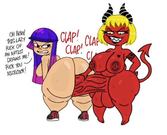 1futa, 1girls, anal, big ass, big breasts, black hair, blonde hair, breasts, crossover, demon girl, disney, female, futa on female, futanari, glitch techs, helluva boss, horns, intersex, miko kubota, purple hair, red skin, tail, theslashfive