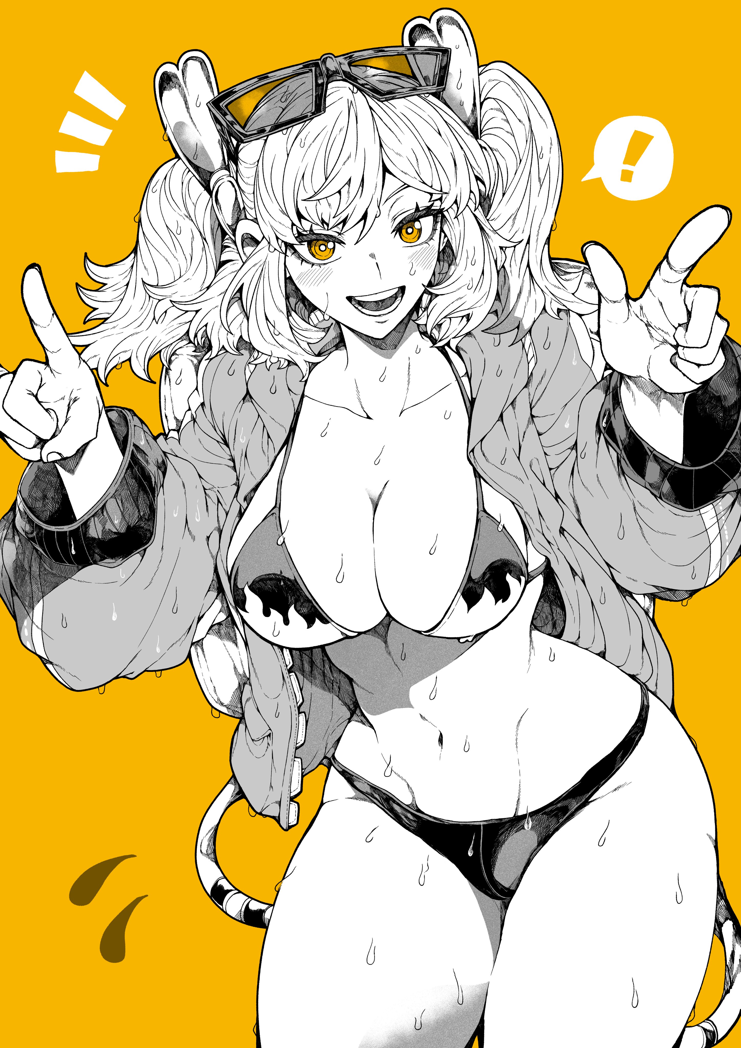 !, 1girls, athletic, black and white, blush, breasts, burnice white, female, flame print, gesture, huge breasts, monochrome, notice lines, off-shoulder jacket, open jacket, simple background, smile, solo, speech bubble, swimsuit, thick thighs, wet, wide hips, yellow background, yotsumi shiro, zenless zone zero