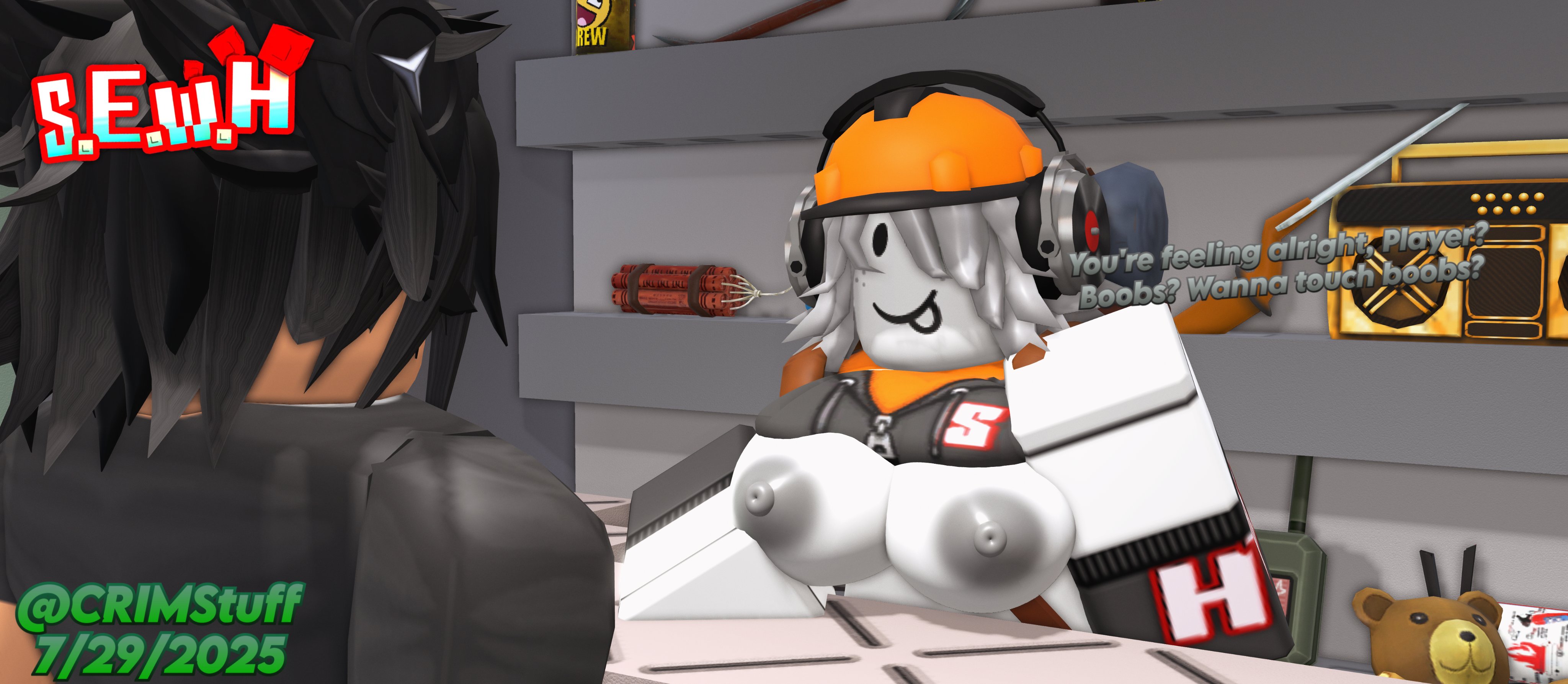 1boy, 1girls, 3d, areolae, boobs? wanna touch boobs?, breasts, breasts out, builderfan, crimstuff, dated, english text, female, genderswap, male, nipples, roblox, roblox game, robloxian, rule 63, something evil will happen, tagme, text, twitter username