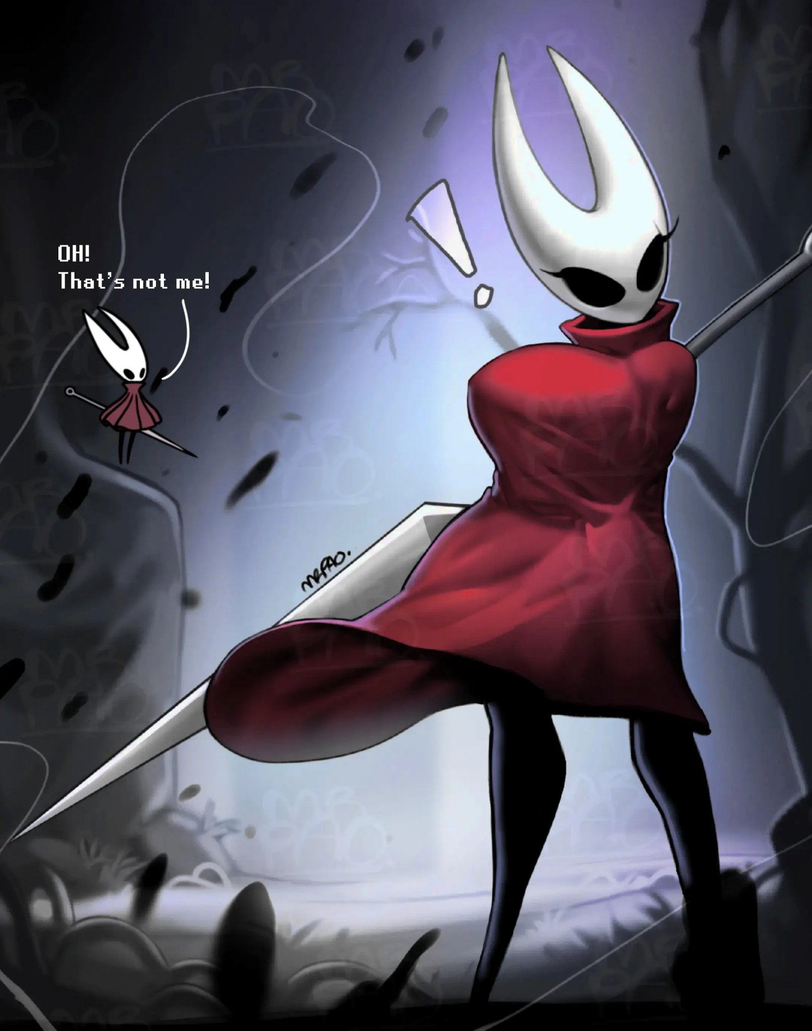 big breasts, breasts, cape, covering, female, hollow knight, hollow knight (franchise), hollow knight: silksong, hornet (hollow knight), meme, mrpao, tagme