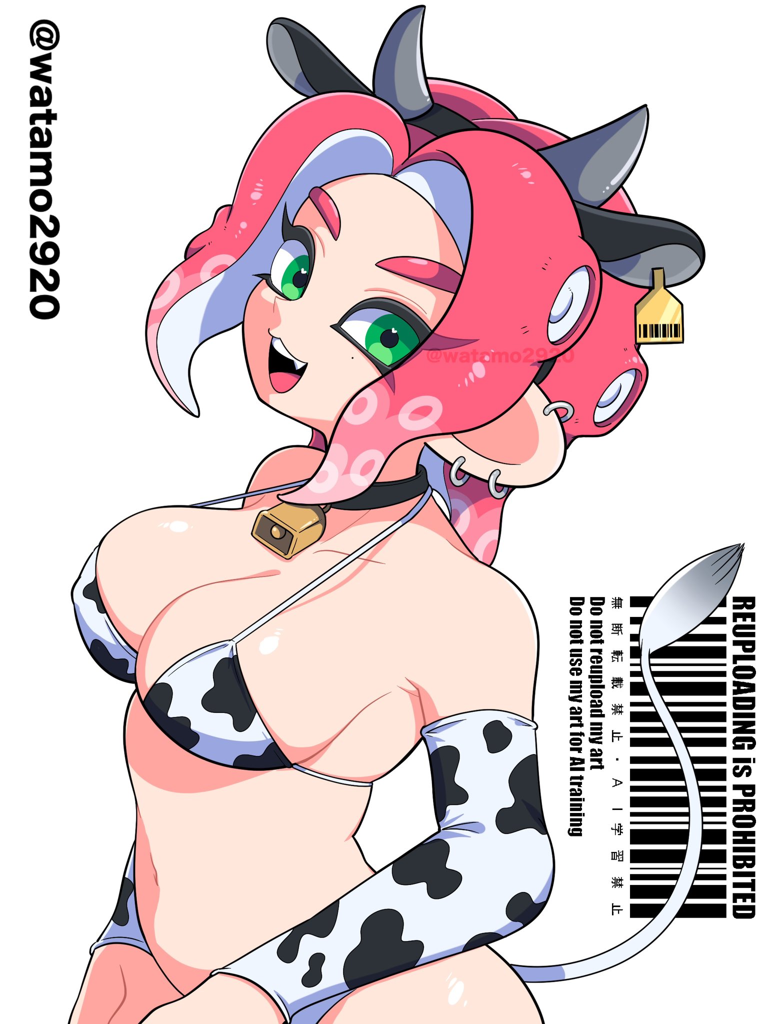 1girls, artist name, cow print, cowbell, cowprint bikini, cowprint lingerie, female, looking at viewer, octoling, octoling girl, solo, splatoon, splatoon (series), tagme, tentacle hair, watamo2920
