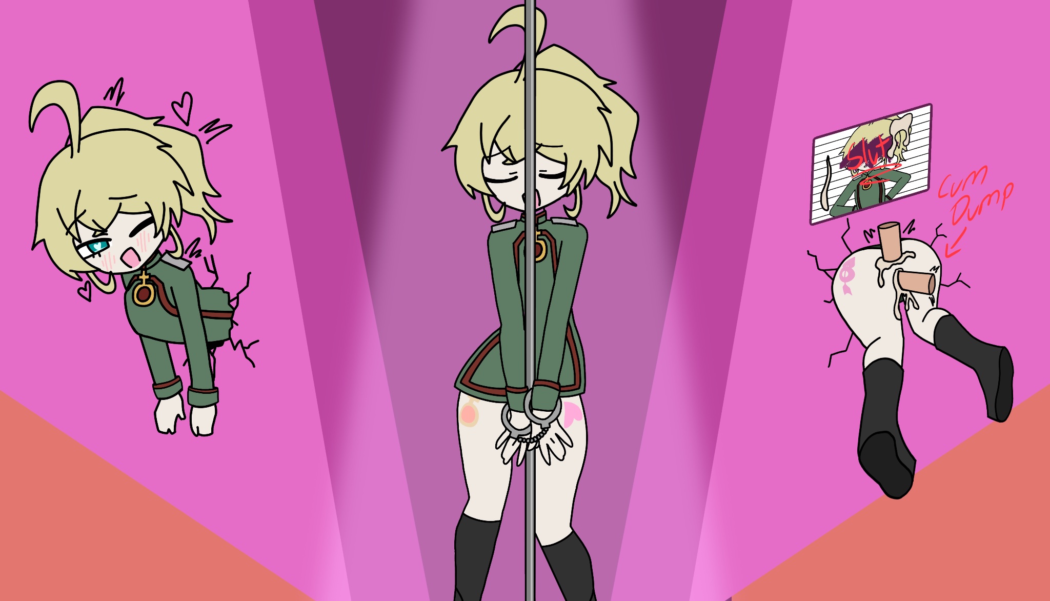 2024, anal, anal sex, blush, bondage, closed eyes, cum in pussy, female, handcuffs, heart-shaped pupils, pole dancing, portrait, pussy, rabbit hole (cosplay), rabbit hole (deco*27/caststation), rabbit hole (vocaloid), stuck in wall, swisschocoart, tanya degurechaff, vaginal penetration, youjo senki