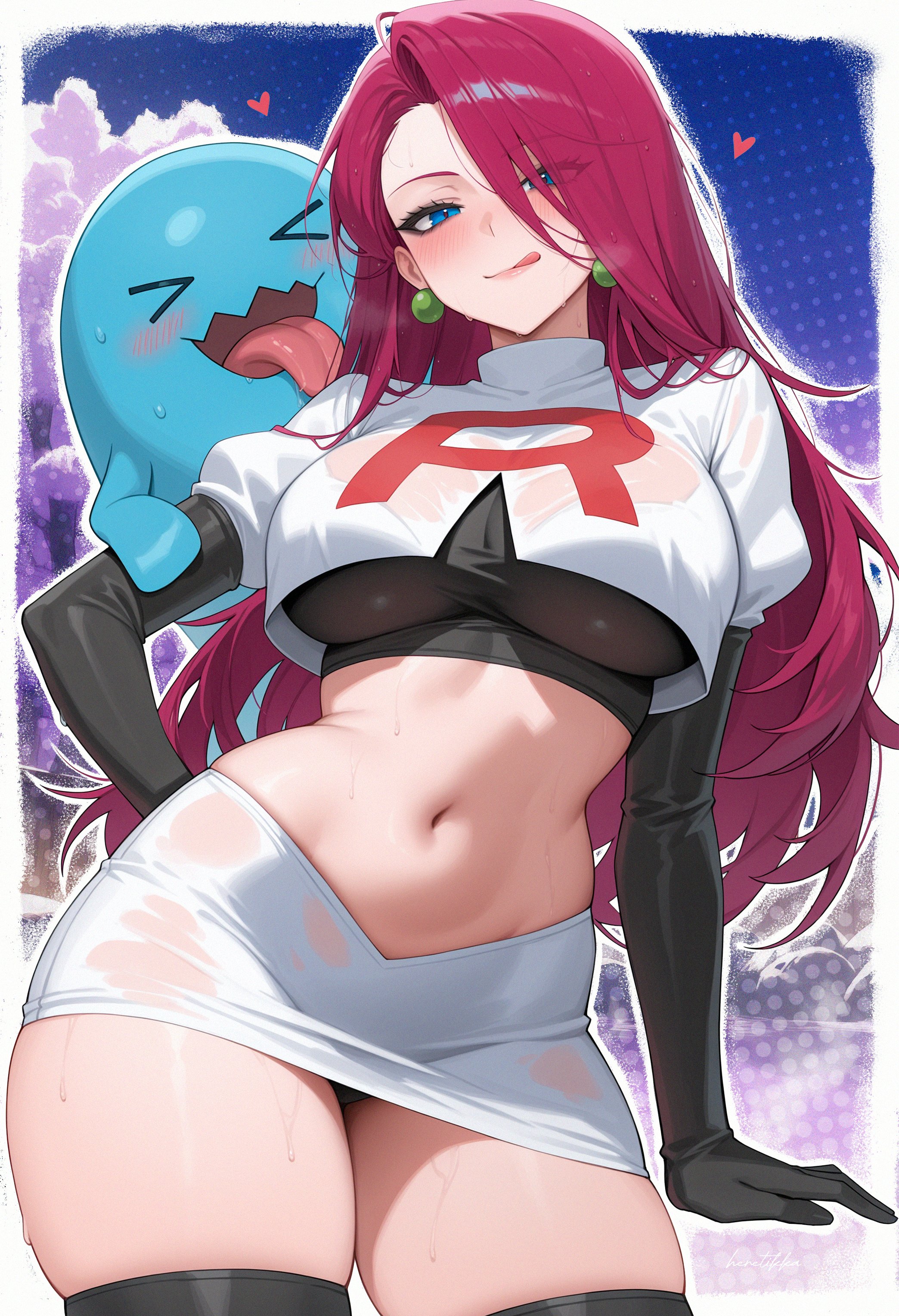 1girls, ai generated, alternate hairstyle, armwear, belly button, black armwear, black thigh highs, black thighhighs, blue eyes, blush, blush lines, breasts, clothed, clothed female, clothes, curvy figure, earrings, female, female focus, female only, fully clothed, hair down, heretikka, jessie (pokemon), light skin, light-skinned female, looking at viewer, pink hair, pokemon, pokemon (anime), seductive, seductive smile, skirt, smile, smiling at viewer, stockings, tagme, team rocket, thick thighs, thigh highs, thighhighs, thighs, tongue, tongue out, wobbuffet