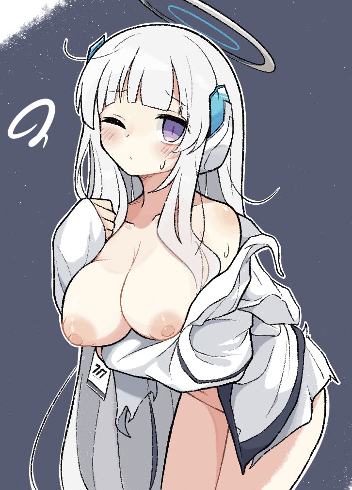 arm_under_breasts az84997592 blue_archive blush breasts cleavage closed_mouth cowboy_shot female grey_hair halo jacket large_breasts leaning_forward long_hair looking_at_viewer nipples noa_(blue_archive) one_eye_closed open_clothes open_jacket purple_eyes simple_background sleeves_past_wrists solo very_long_hair white_halo white_jacket
