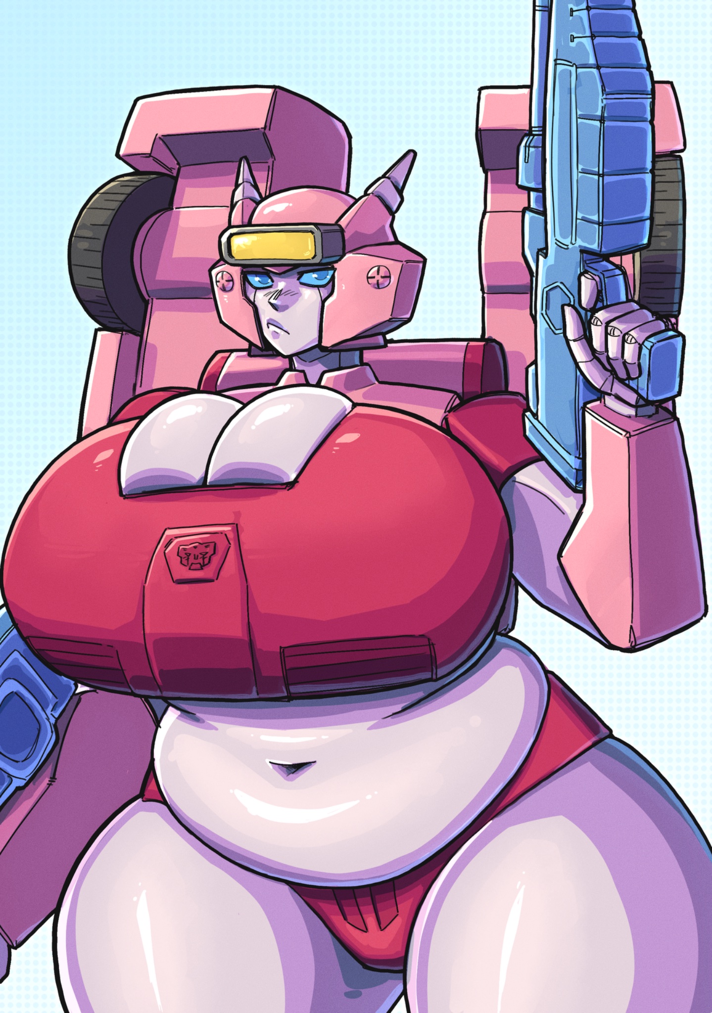 bbw, big breasts, blue eyes, blue-eyed female, breasts, chubby, chubby female, cybertronian, donut doodles, elita one, elita-one, female, female focus, female only, frown, frowning, frowning at viewer, large boobs, large breasts, looking at viewer, pudgy belly, robot, robot girl, robot humanoid, solo, solo female, solo focus, thick thighs, thighs, transformers
