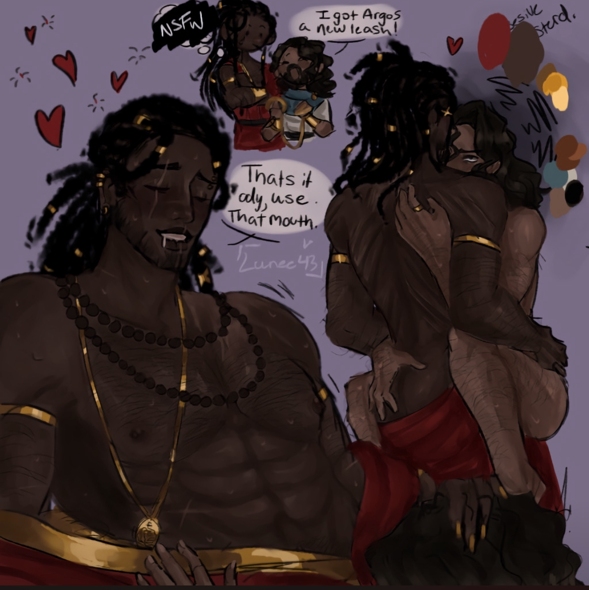 2boys, abs, body hair, dark skin, dreadlocks, epic the musical, eurylochus, euryody, facial hair, gay, gay blowjob, gay male, gay sex, giving head, greek mythology, homoerotic, homosexual, jewelry, lunee43, male, male focus, male only, male/male, married male, odysseus, odysseus (epic the musical), suggestive