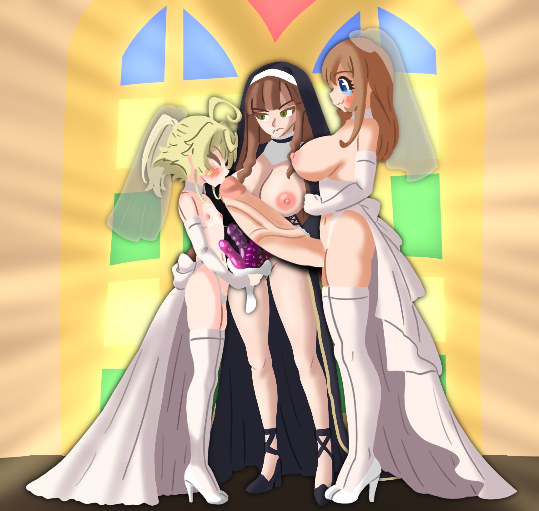 1futa, 2girls, 3girls, blonde hair, blue eyes, blush, bouquet, bridal veil, brown hair, busty female, closed eyes, cock worship, female, flat chest, futa on female, futanari, green eyes, grumpy, heels, height difference, huge penis, intersex, kissing penis, kissing penis tip, kissing tip, married to penis, mary sioux, massive penis, nun, nun's habit, penis, penis bigger than torso, penis kiss, penis kissing, simple background, swisschocoart, tanya degurechaff, viktoriya ivanovna serebryakov, wedding dress, wedding lingerie, white gloves, white legwear, youjo senki