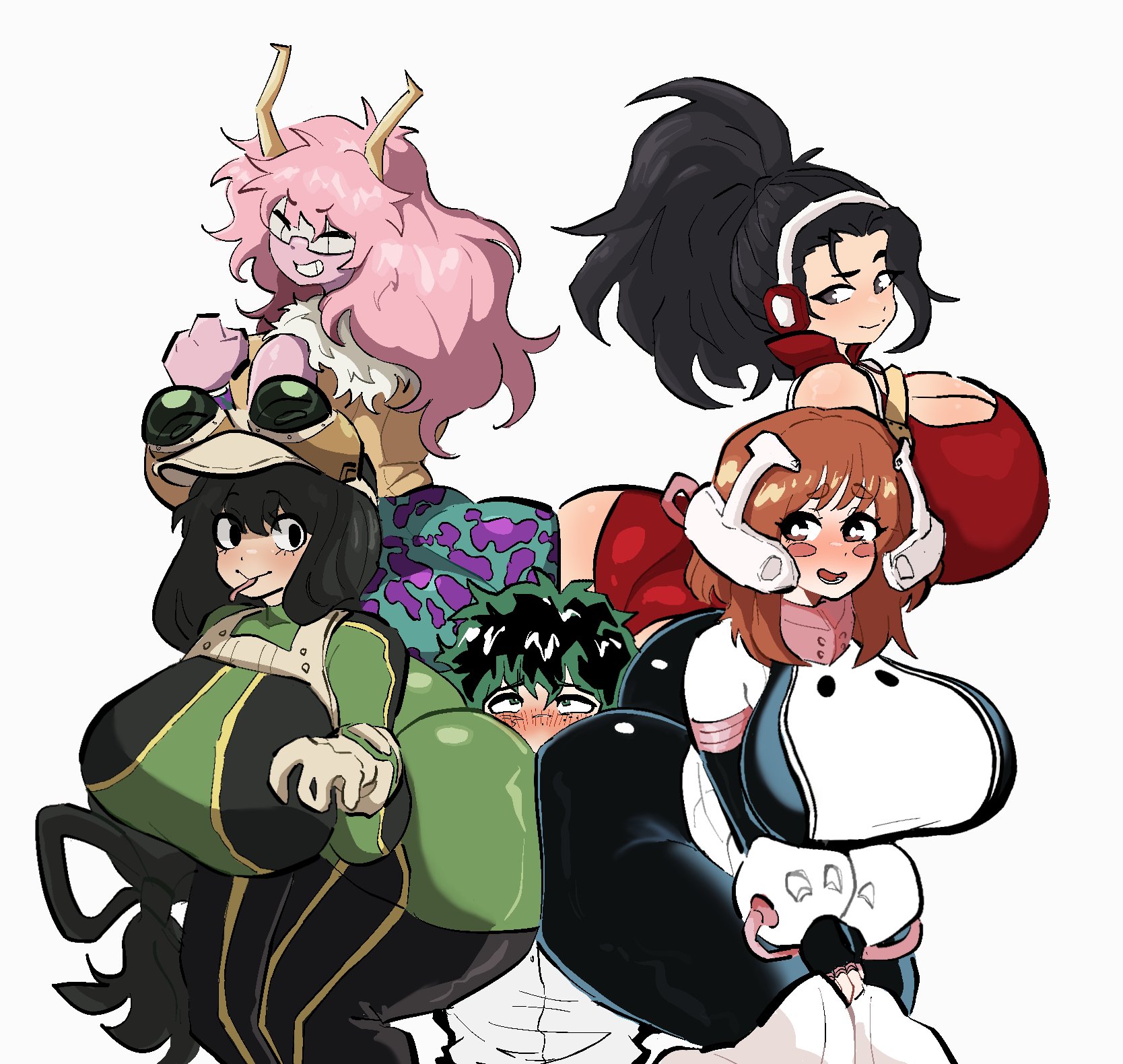 1boy, 4girls, 4girls1boy, aged up, ass, ass bigger than head, ass sandwich, ass smothering, ass to ass, big ass, big breasts, big butt, black bodysuit, black eyes, black hair, blush, bodysuit, breasts, breasts bigger than head, brown eyes, brown hair, cleavage, deku, eyes rolling back, female, green bodysuit, grey eyes, hairband, harem, hero outfit (mha), huge ass, huge breasts, human, human female, izuku midoriya, leotard, light-skinned female, light-skinned male, looking back, male, milosartses, mina ashido, momo yaoyorozu, momo yaoyorozu (hero outfit), multiple females, multiple girls, my hero academia, my hero academia (finale), ochako uraraka, one eye closed, pink hair, pink skin, ponytail, post-timeskip, red leotard, shounen jump, smile, superheroine, thick thighs, tongue, tongue out, tsuyu asui, uraraka ochako, white background, yaoyorozu momo, yellow eyes