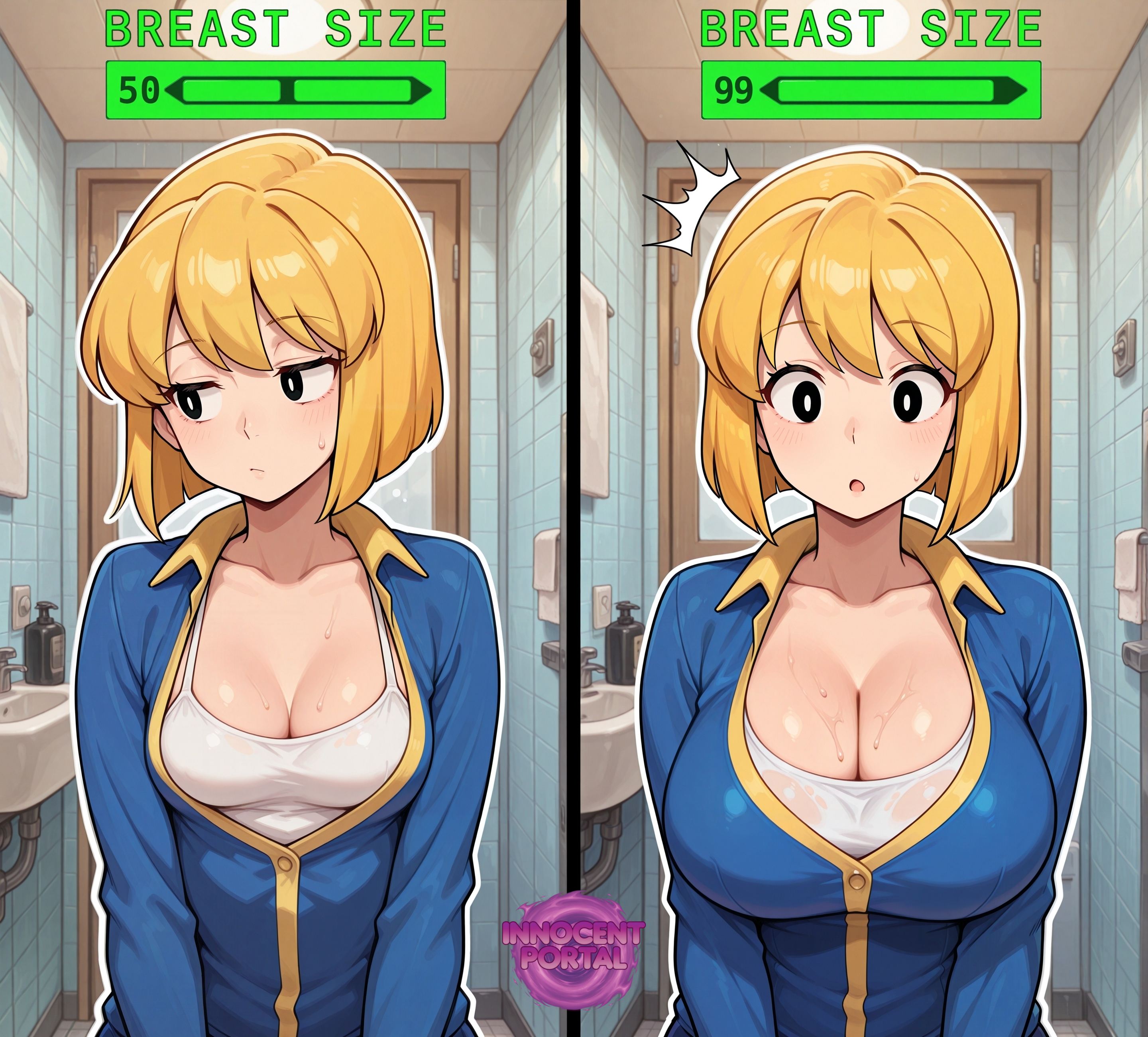 :o, 1girls, ai generated, bathroom, big breasts, black eyes, blonde female, blonde hair, blonde hair female, blonde-haired female, blush, blush lines, breast growth, breast growth (enlargement), breasts, busty, busty female, cleavage, fallout, fallout (series), fallout 4, female, female focus, female only, growth, jorgecarlosai, looking away, looking down, multiple views, open mouth, shocked, shocked expression, shocked eyes, shocked face, shocked female, shocked look, short hair, slider, slider (control), small boobs, small breasts, small tits, split view, surprised, surprised expression, surprised face, vault dweller, vault girl, vault suit, video game character, video games, watermark
