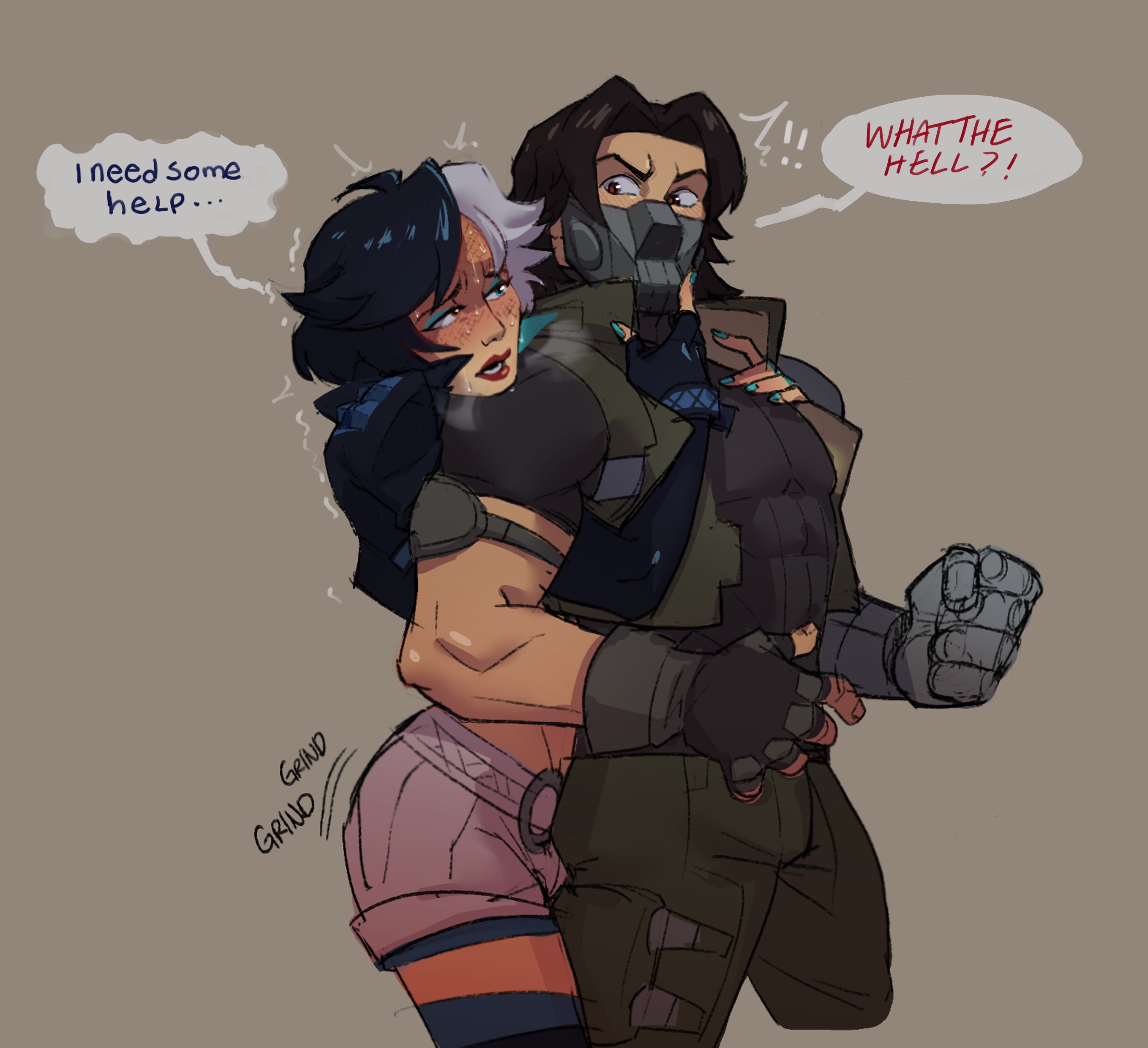blush, bucky barnes, bulge, erection, erection under clothes, futanari, grinding on leg, heavy breathing, horny, hug, intersex, luna snow (marvel rivals), male, marvel, marvel comics, marvel rivals, somedivs, speech bubble, suprised, sweat, winter soldier