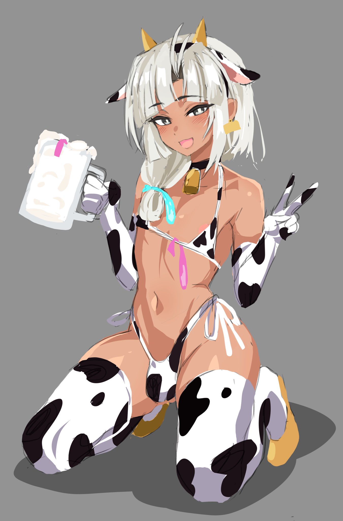1boy, ahoge, armpits, bare shoulders, bell, blush, bulge, cow print, crossdressing, curtained hair, dark skin, dark-skinned femboy, dark-skinned male, dark-skinned sissy, dark-skinned twink, elbow gloves, fake horns, fate (series), fate/grand order, femboy, girly, gloves, grey eyes, grey hair, holding object, kneeling, long hair, looking at viewer, male, navel, nipples, open mouth, parted bangs, peace sign, shadow, sketch, solo male, thick thighs, thighs, thong, tied hair, tutankhamun (fate), zanegoodell