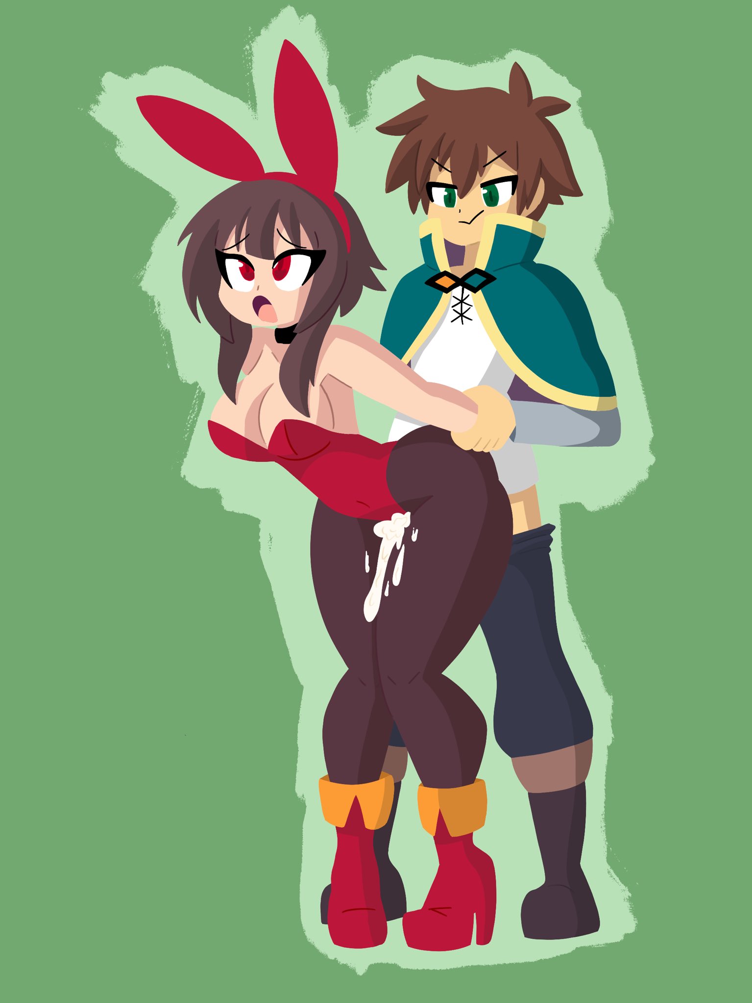 ahe gao, ambiguous penetration, brown hair, bunnysuit, bustier, canon couple, clothed, clothed sex, corset, cum, cum in pussy, excessive cum, female, green background, green eyes, heels, kono subarashii sekai ni shukufuku wo!, megumin, overflowing cum, pussy, red eyes, satou kazuma, smirk, swisschocoart