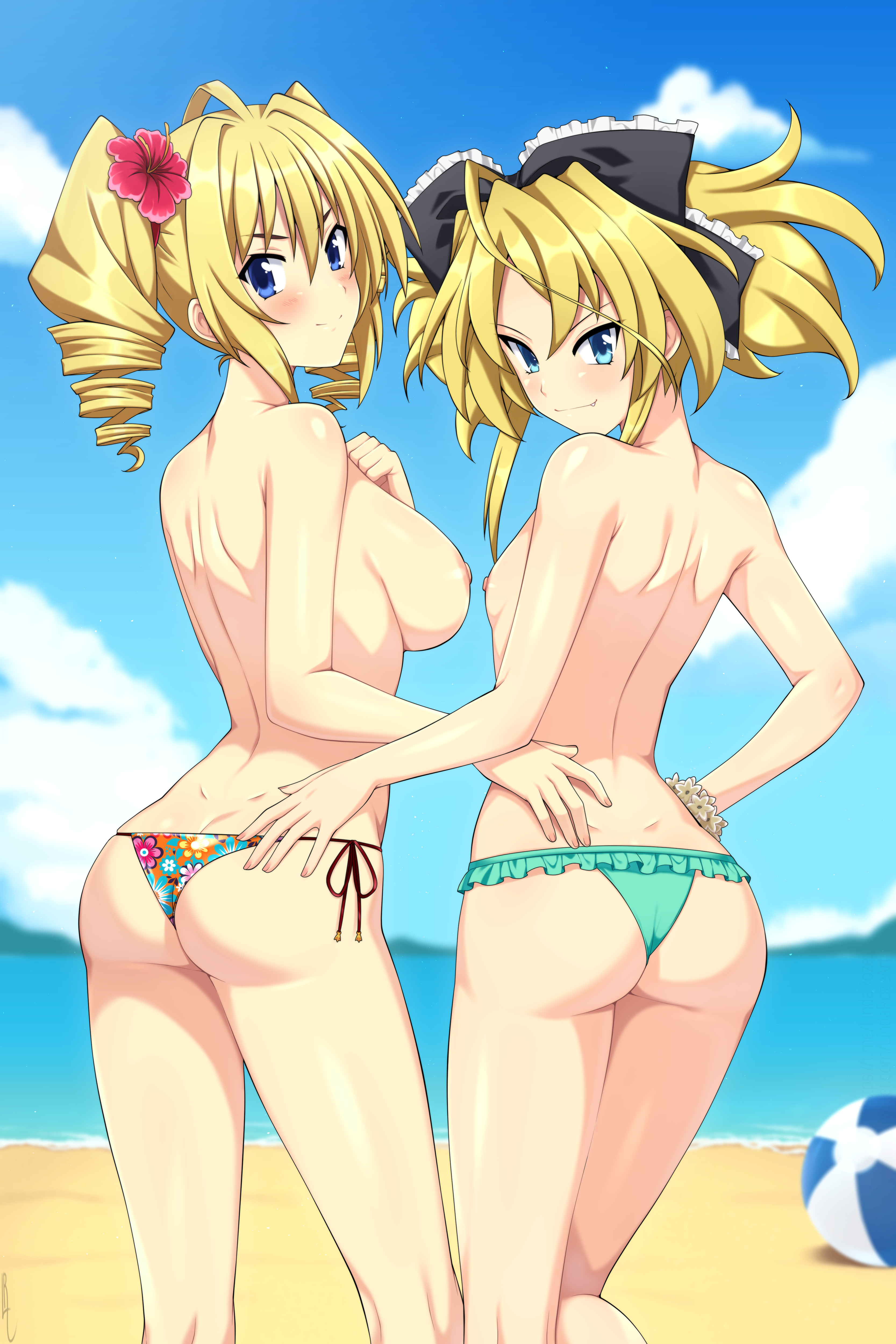 2girls, ass, beach, bikini bottom, blonde hair, blue eyes, centered hair bow, female, flower in hair, happy, happy female, high school dxd, lindaroze, medium tits, mittelt, nipples, public topless, ravel phenex, red flower, topless, topless female