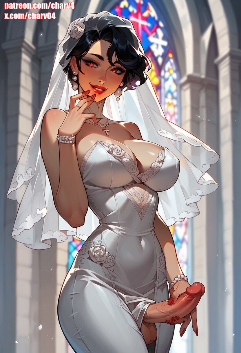 1futa, ai generated, big breasts, big penis, black hair, breasts, charv, church, church interior, erection, futa only, futanari, intersex, kaori (charv), looking at viewer, penis, short hair, wedding dress, wedding veil