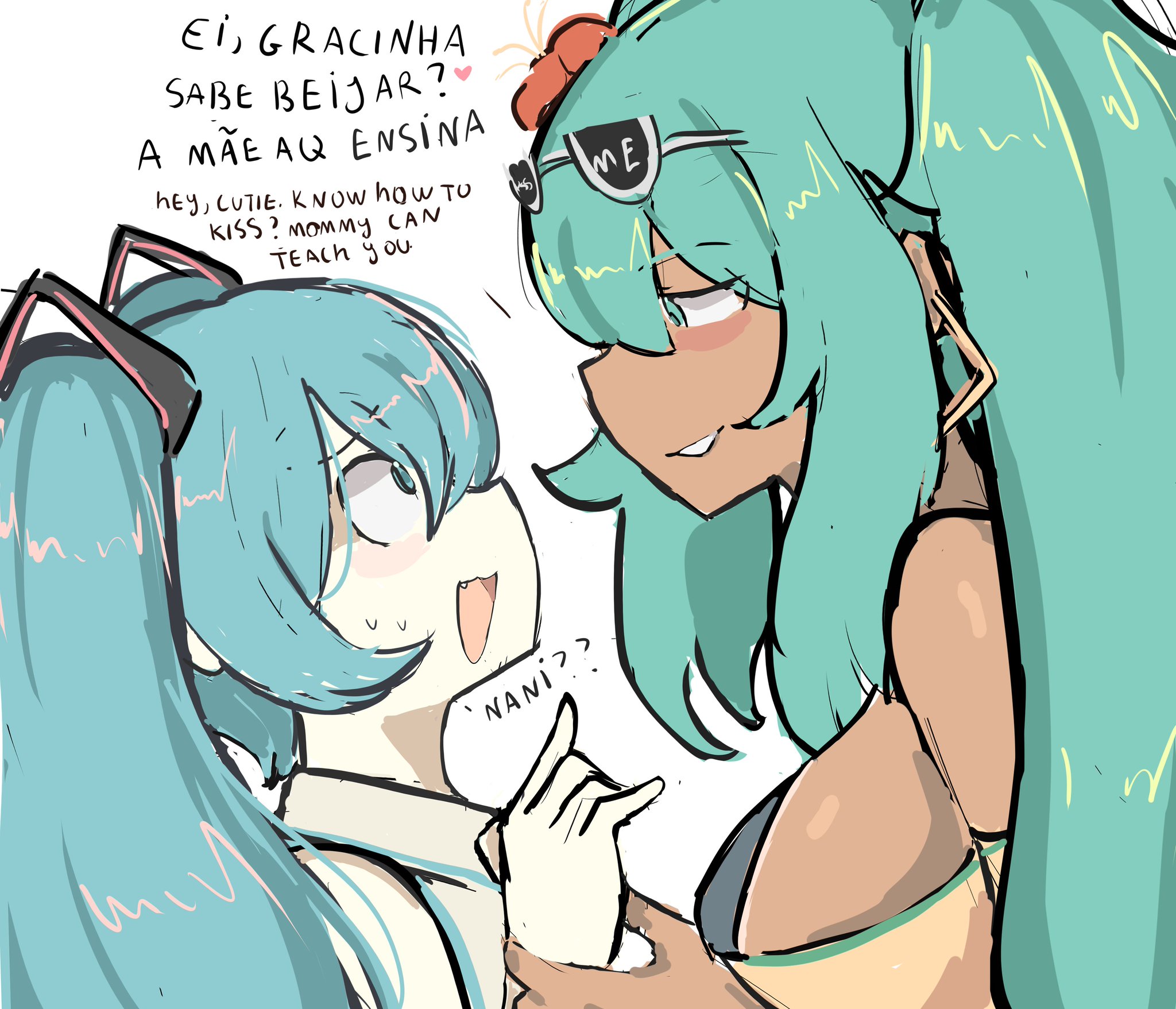 2girls, aqua eyes, aqua hair, bare shoulders, bikini top, blue eyes, blue hair, blue-eyed female, blue-haired female, brazilian miku, breasts, dark skin, dark-skinned female, dual persona, earrings, english text, eyewear on head, fang, female, flower, hair flower, hair ornament, hatsune miku, holding another's wrist, hoop earrings, jewelry, large breasts, light skin, light-skinned female, long hair, looking at another, melink (artist), multiple girls, open mouth, pale skin, pale-skinned female, portuguese text, smile, sunglasses, sunglasses on head, sweatdrop, tagme, tanned, tanned female, tanned skin, tanned-skinned female, twintails, white background, yuri