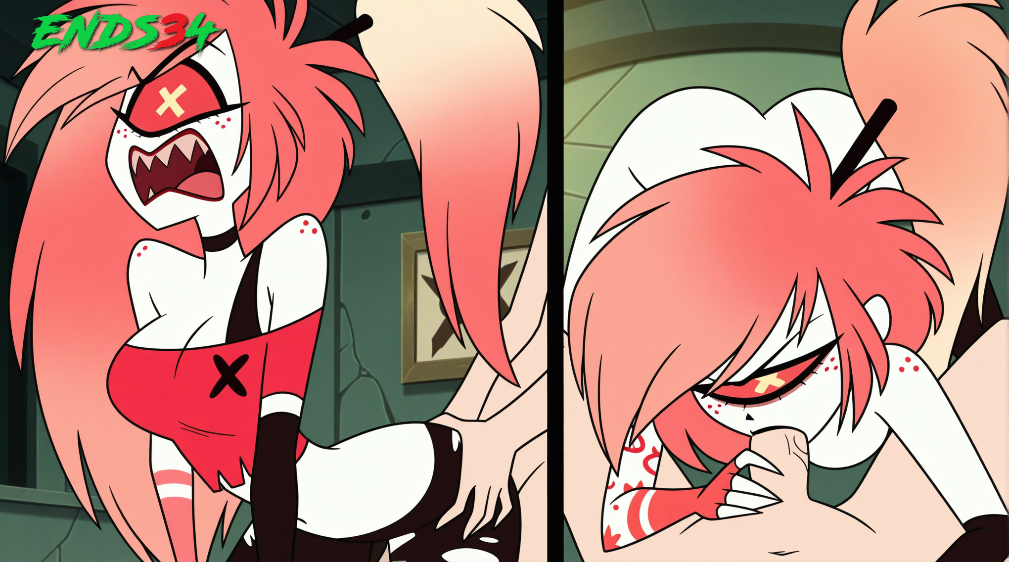 2025, ai generated, big breasts, breasts, cherri bomb, crop top, ends34, female, female focus, hazbin hotel, oral, oral sex, pink hair, sex, sex from behind