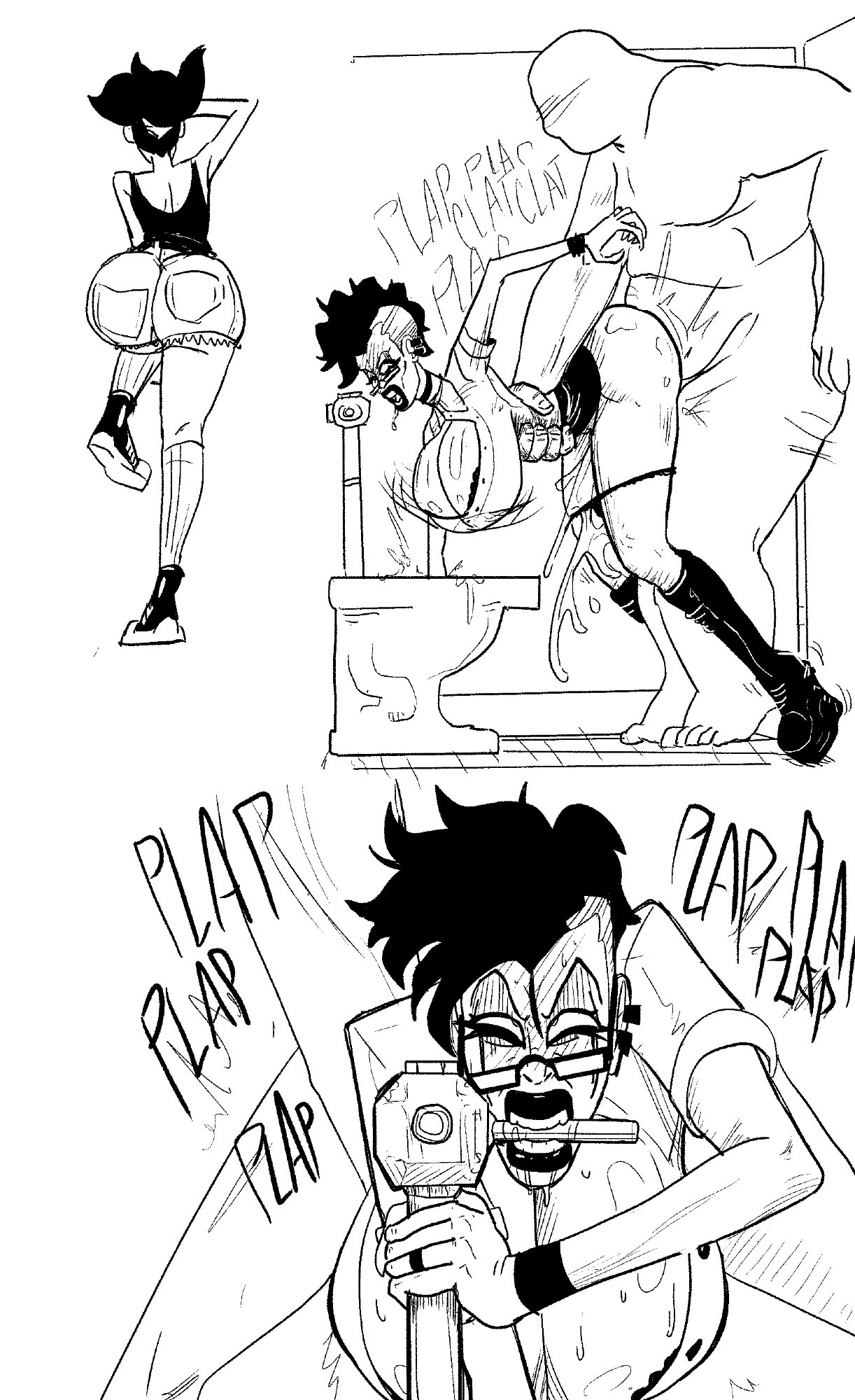 1boy, 2girls, ass, ass focus, back view, bathroom, big breasts, black and white, breasts, bubble ass, bubble butt, erin (putricia), face focus, female, glasses, goth, goth girl, gwen (putricia), hate sex, juices, male, oc, onomatopoeia, original characters, public bathroom, public sex, pussy, pussy juice, pussy juice drip, putricia, rape, raped, shorts, sweat, sweating