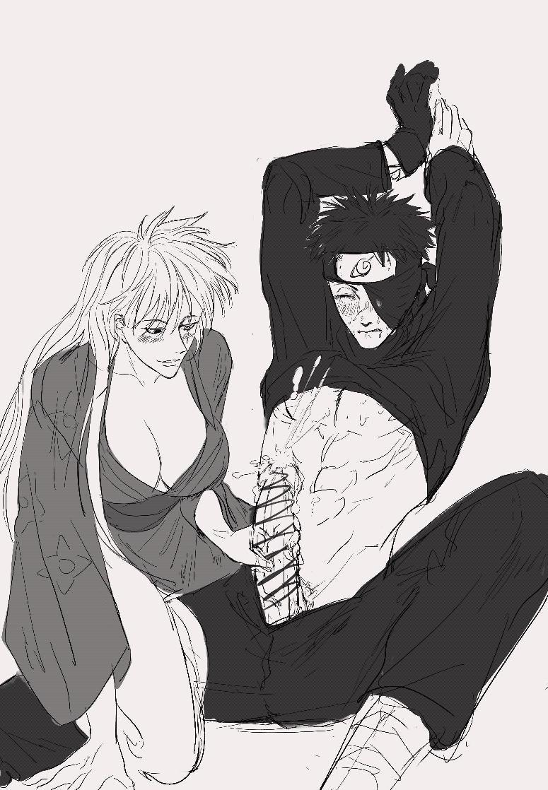 1boy 1girls abs arms_up assertive_female blush breasts censored cleavage closed_eyes cum ejaculation full-face_blush genderswap_(mtf) handjob hatake_kakashi japanese_clothes kimono large_breasts long_hair naruto_(series) naruto_shippuuden nipples one_eye_covered pectorals penis penis_grab projectile_cum rule_63 rule_63 scar scar_across_eye scar_on_face uchiha_obito veins veiny_penis yukata