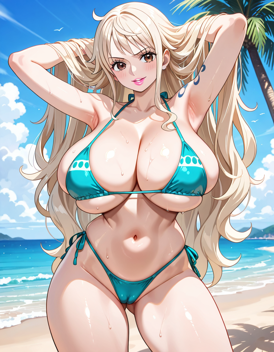 ai_generated arms_up artist_request beach big_breasts bikini bimbo bimbofication blonde_hair clothing female female_only huge_breasts massive_breasts nami_(one_piece) one_piece swimsuit