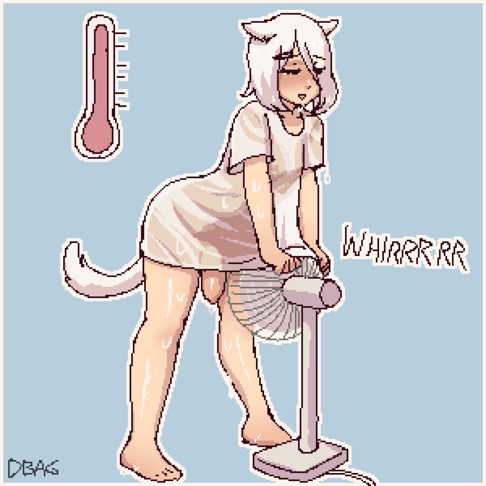 2d, cat ears, cat tail, cooling off, cooling off crotch, dbagdraws, fan, fluffyearedfox, foreskin, futanari, hairclip, intersex, molly (dbagdraws), original, penis, pixel art, see-through, sweat, thermometer, uncensored, uncircumcised, uncut, wet clothes, white fur, white hair, white tail