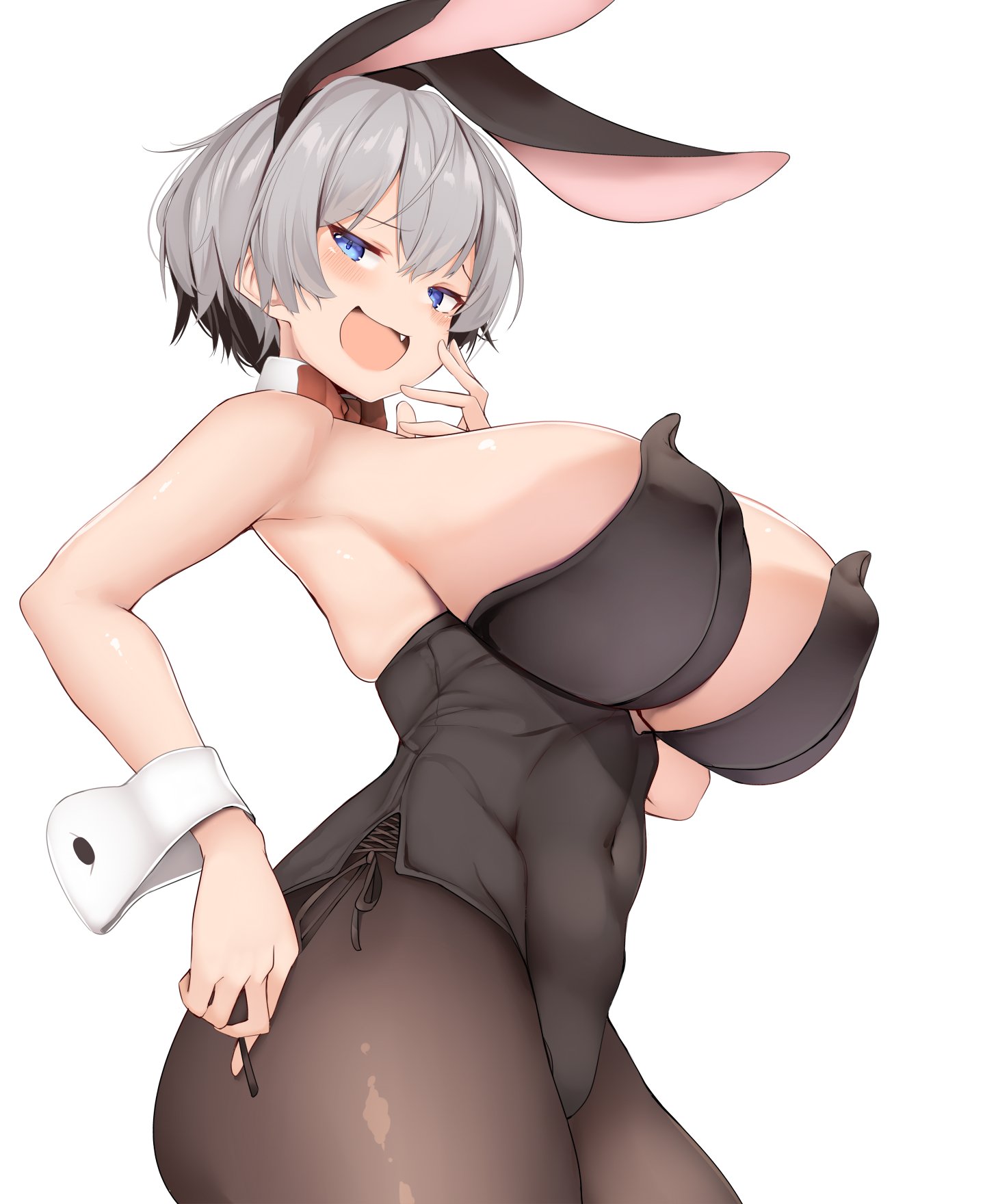1girls, 2d, 2d (artwork), 2d artwork, adult, adult female, armpits, bare armpits, bare arms, bare chest, bare hands, bare shoulders, bare skin, belly, belly button, bewitching thighs, big breasts, black bunny ears, black bunnysuit, black hairband, black leotard, black topwear, blue eyes, blue-eyed female, blush, blush face, blushing at viewer, blushing female, bowtie, breasts, brown legwear, brown pantyhose, brown stockings, brown tights, bunny ears, bunnygirl, bunnygirl outfit, bunnysuit, busty, busty female, busty girl, child bearing hips, collar, collarbone, curvaceous, curvaceous body, curvaceous female, curvaceous figure, curvaceous hips, curvaceous thighs, curvy, curvy body, curvy female, curvy figure, curvy hips, curvy thighs, digital, digital art, digital drawing, digital drawing (artwork), digital media, digital media (artwork), elbows, exposed armpits, exposed arms, exposed chest, exposed shoulders, exposed skin, eyebrows visible through hair, female, female focus, female only, fertile hips, fingers, gogoborunga, grey eyebrows, grey hair, grey-haired female, grin, groin, hair between eyes, half-closed eyes, high resolution, highres, hourglass figure, huge boobs, huge breasts, inframammary fold, inguinal crease, inguinal ligament, large boobs, large breasts, lean figure, legwear, leotard, linea alba, looking at viewer, looking down, looking down at viewer, mature, mature female, midriff, narrow waist, navel, nipple bulge, open mouth, open mouth smile, pantyhose, parted lips, pixie cut, plump breasts, red bowtie, short hair, shoulders, simple background, slender body, slender waist, slim waist, smile, smiley face, smiling, smiling at viewer, smug, smug expression, smug eyes, smug face, smug grin, smug smile, solo, standing, stomach, thick thighs, thighs, tights, tongue, topwear, underboob, upper body, uzaki hana, uzaki-chan wa asobitai!, very short hair, white background, white collar, white wrist cuffs, wide hips, wrist cuffs