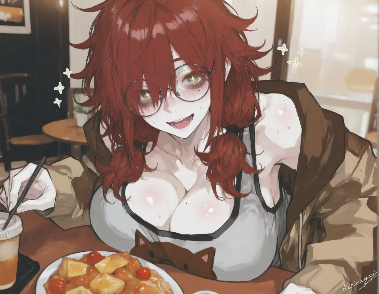 ai generated, breasts, breasts on table, cafe, cleavage, eye bags, female, food, kizirugai, large breasts, mature female, messy hair, off shoulder, red hair, star shaped pupils