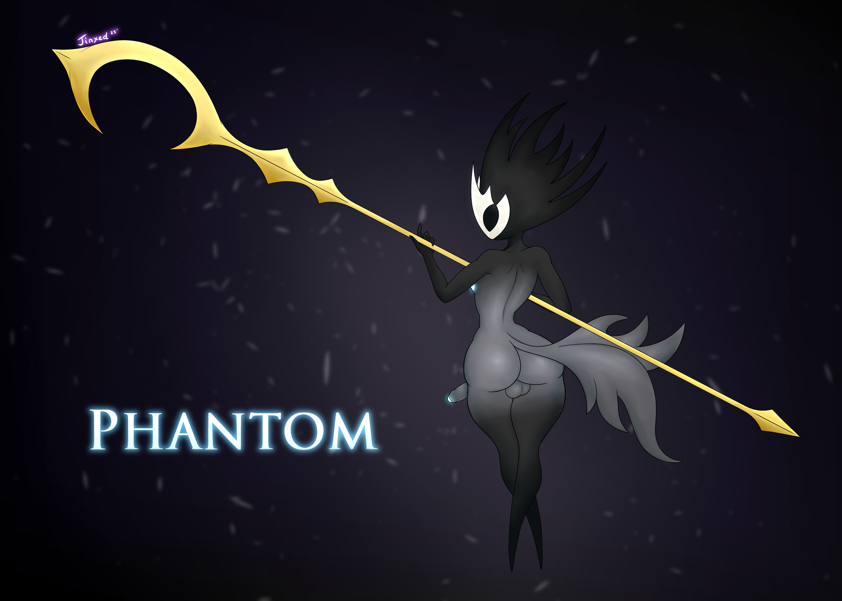 2 tails, 4 fingers, anthro, areola, arthropod, ass, balls, big butt, black eyes, black hair, english text, faceless character, femboy, fingers, foreskin, fur, genitals, glowing, glowing genitalia, glowing nipples, glowing penis, hair, hi res, holding, holding object, holding weapon, hollow knight, hollow knight: silksong, jessijinx, male, male only, mask, melee weapon, multi tail, multicolored body, multicolored fur, nipples, nude, nude male, penis, phantom (hollow knight), rear view, solo, solo male, standing, tagme, tail, team cherry, text, thick thighs, two-tone body, two-tone fur, uncircumcised, weapon, wide hips