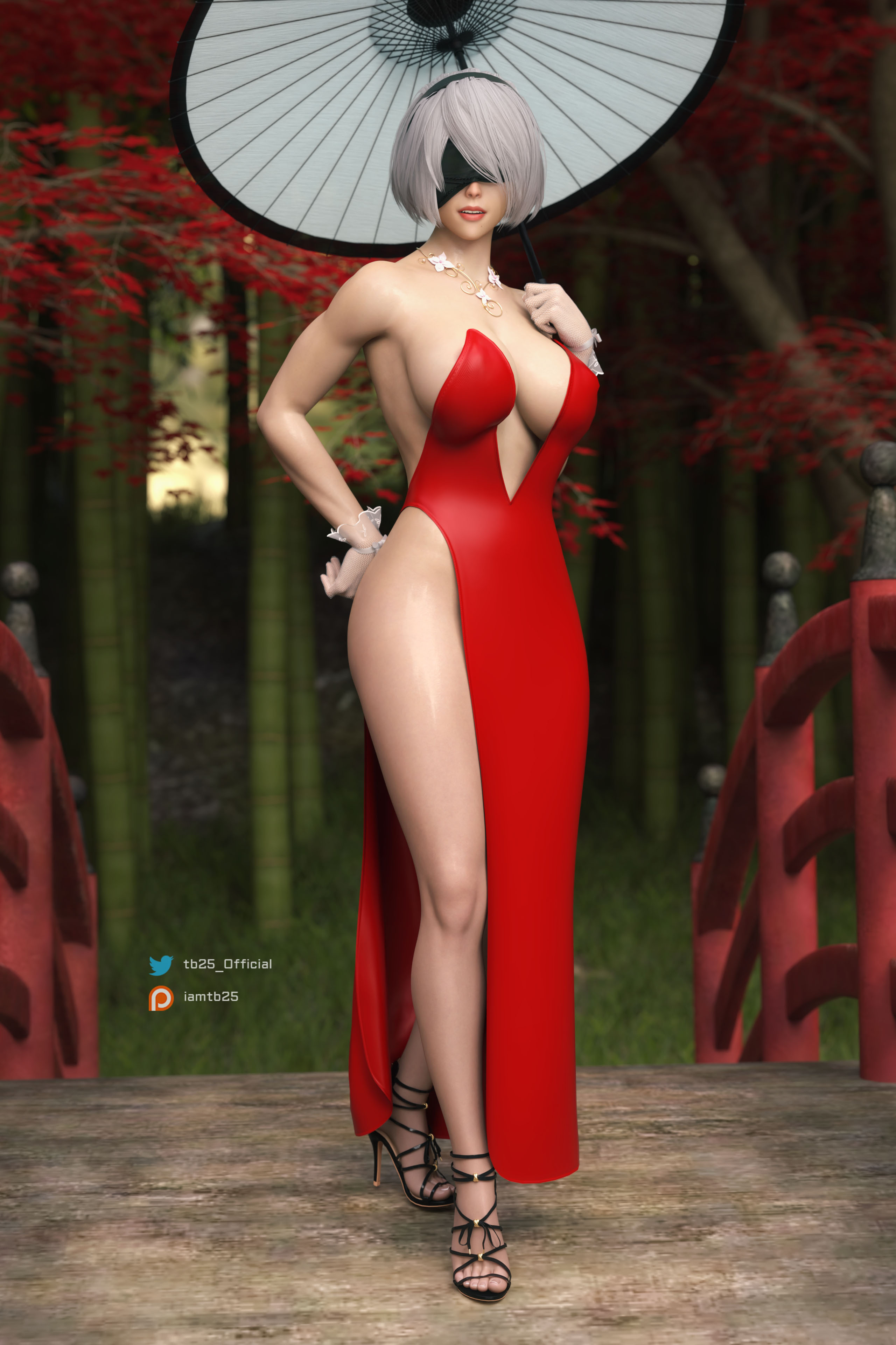 1girls, 3d, big breasts, blindfold, breasts, clothed, clothed female, dress, feet, female, female only, gloves, hand on hip, high heels, high slit dress, nier (series), nier: automata, non-nude, open toe heels, open toe shoes, patreon username, red dress, short hair, sideless outfit, solo, solo female, strapless dress, tagme, tb25, thick thighs, toeless footwear, twitter username, umbrella, white hair, yorha 2b