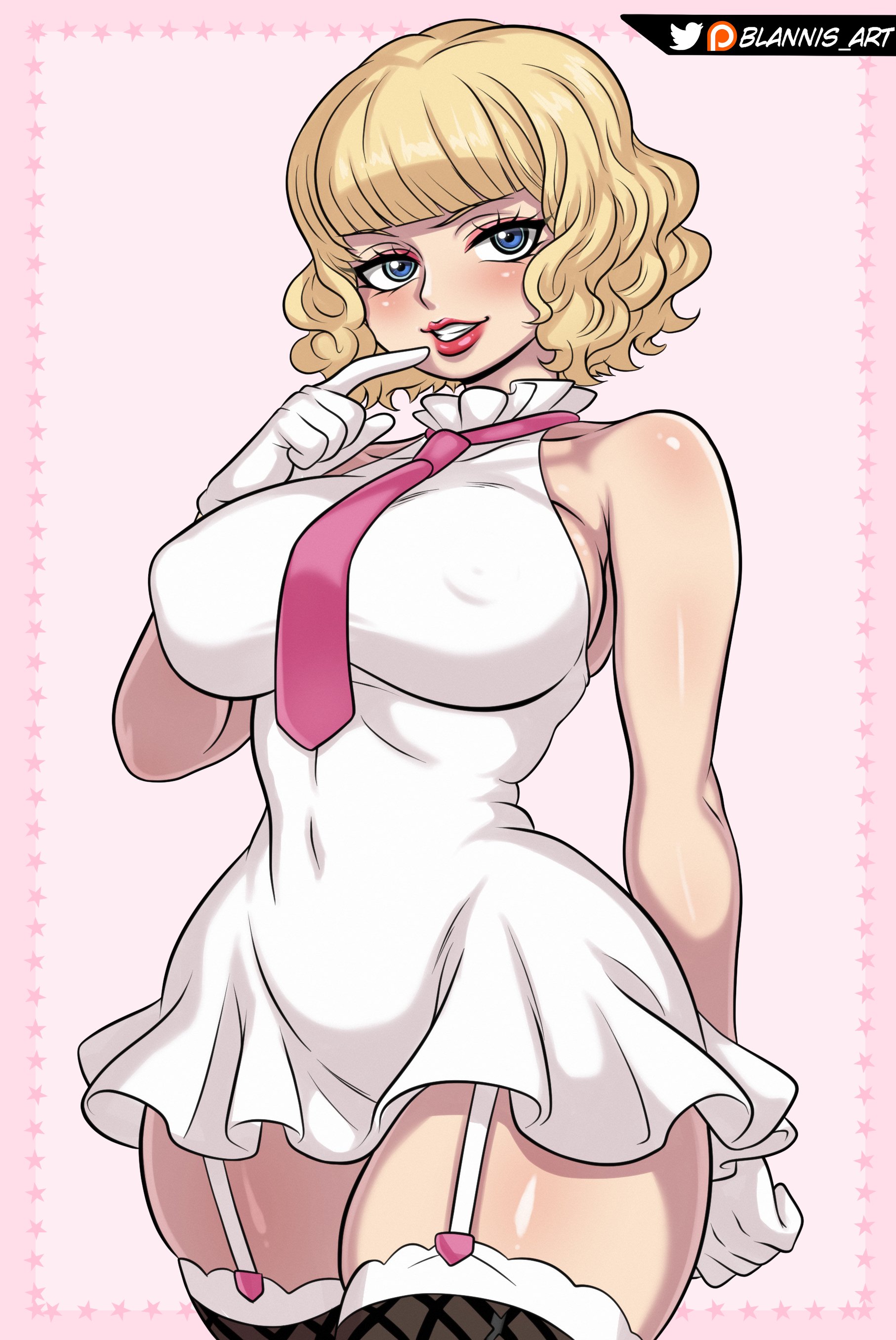 1girls, artist name, artist signature, big breasts, blannis art, blonde female, blonde hair, blonde-haired female, blue eyes, breasts, clothing, female, female only, finger on cheek, formal wear, garter belt leggings, gloves, hourglass figure, human, human only, light-skinned female, looking at viewer, one piece, patreon logo, patreon username, perky breasts, pink eyeshadow, pink tie, safe, safe for work, seductive eyes, seductive smile, sfw, solo female, stussy (one piece), thick thighs, thighhighs, twitter logo, twitter username, watermark, white dress, white gloves, wide hips