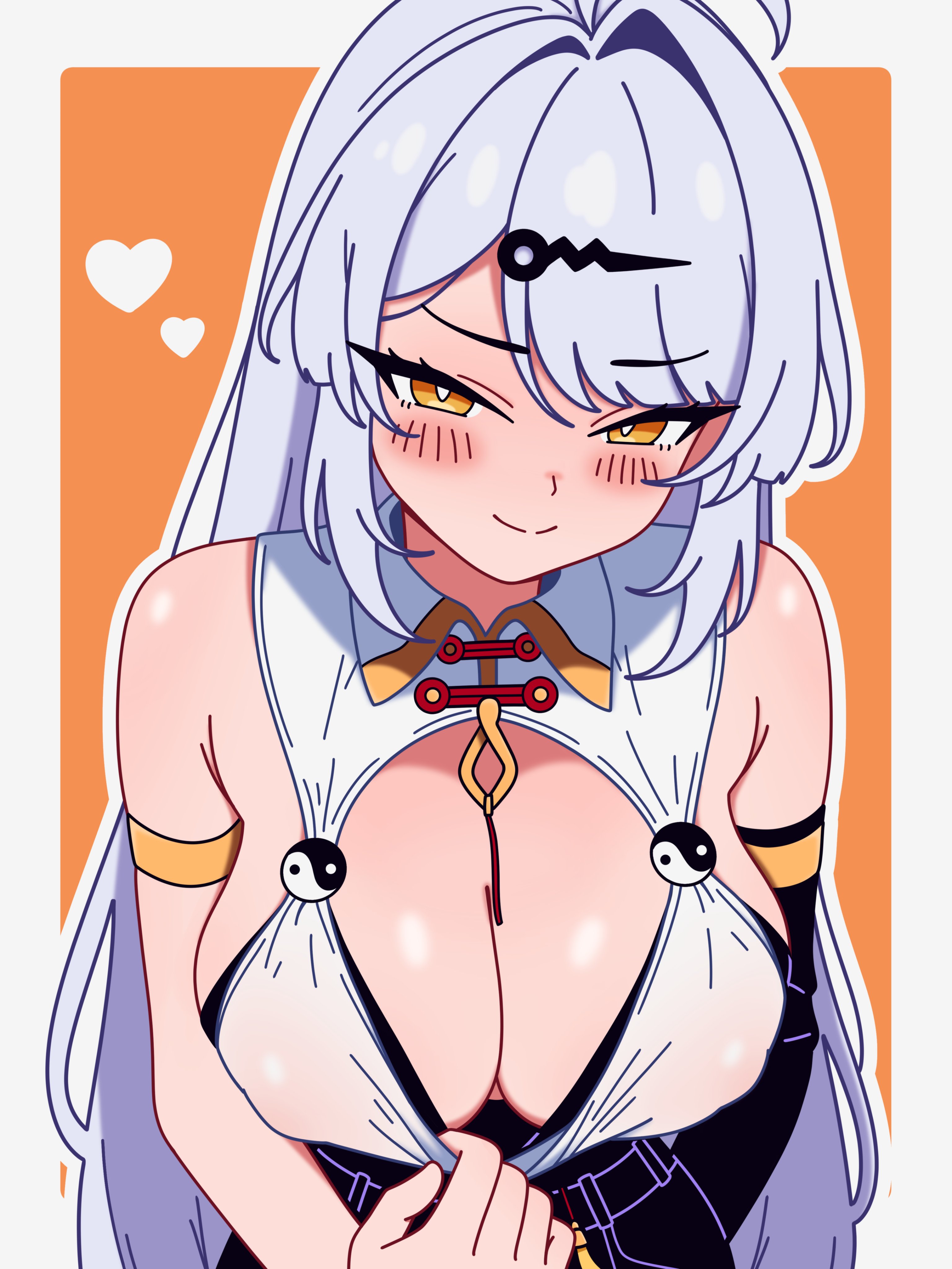 blush, heart symbol, looking at viewer, pulling bra, pulling clothing, pulling own clothes, see-through, see-through clothing, see-through top, tagme (artist), yixuan (zenless zone zero), zenless zone zero