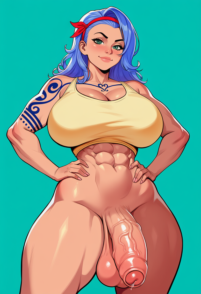 1futa, abs, ai generated, aipixelporn, balls, big ass, big breasts, big penis, blue eyes, blue tattoo, breasts, dark-skinned futa, flaccid penis, futa only, futanari, intersex, long hair, nojiko, one piece, penis, tank top, testicles
