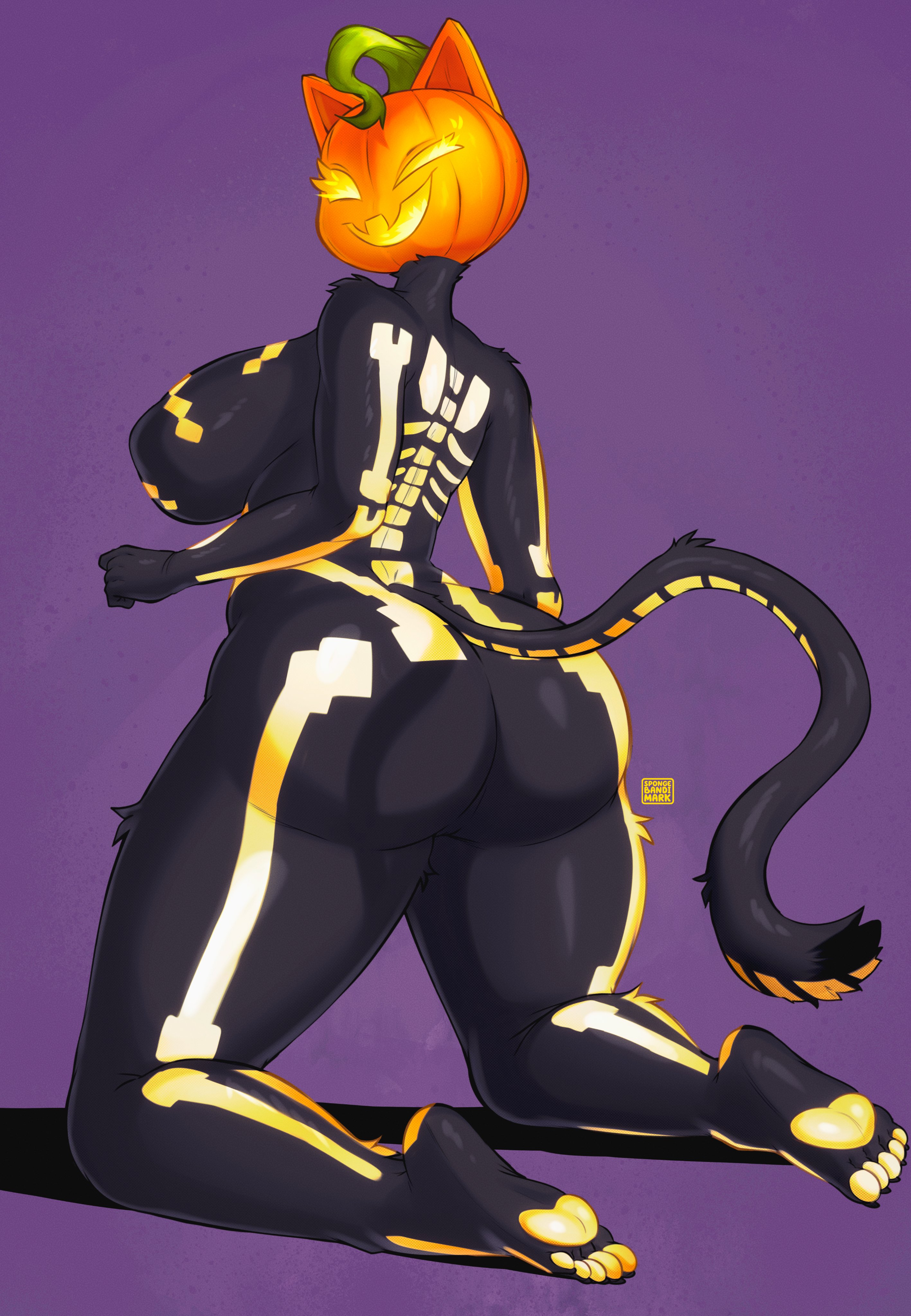 2025, absurd res, anthro, arm tuft, artist name, ass, ass focus, big breasts, big butt, black body, black fur, breasts, domestic cat, epic games, featureless breasts, feet, felid, feline, felis, female, for a head, fortnite, fortnitemares, fur, halloween, hi res, huge butt, kneeling, mammal, nude, object head, pawpads, pumpkin head, shoulder tuft, side boob, solo, spice (fortnite), spongebandimark, text, thick thighs, tuft, wide hips