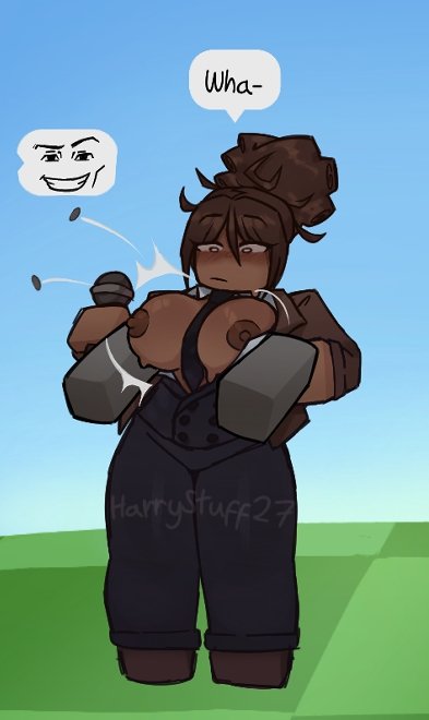 1boy, 1girls, 2025, anonymous male, areolae, artist name, black pants, black tie, blush, breasts, breasts out, brown coat, brown hair, brown shoes, brown skin, brown sleeves, brown-skinned female, button pop, clothed, clothed female, coat, comic, day, dialogue, disembodied hands, english text, eyebrows, eyebrows visible through hair, female, female focus, fully clothed, fully clothed female, grey background, grey skin, hair bun, harrystuff27, holding microphone, holding object, host (roblox), long sleeves, male, man face (roblox), medium breasts, microphone, news lady (roblox), nipples, now playing on roblox, offscreen character, offscreen male, outdoors, pants, roblox, robloxian, shoes, simple background, sleeves, speech bubble, standing, straight face, surprised, text, text bubble, thick thighs, thighs, tie, tie between breasts, tied hair, twitter, twitter link, unbuttoned, unbuttoned shirt, undressing, watermark, white shirt