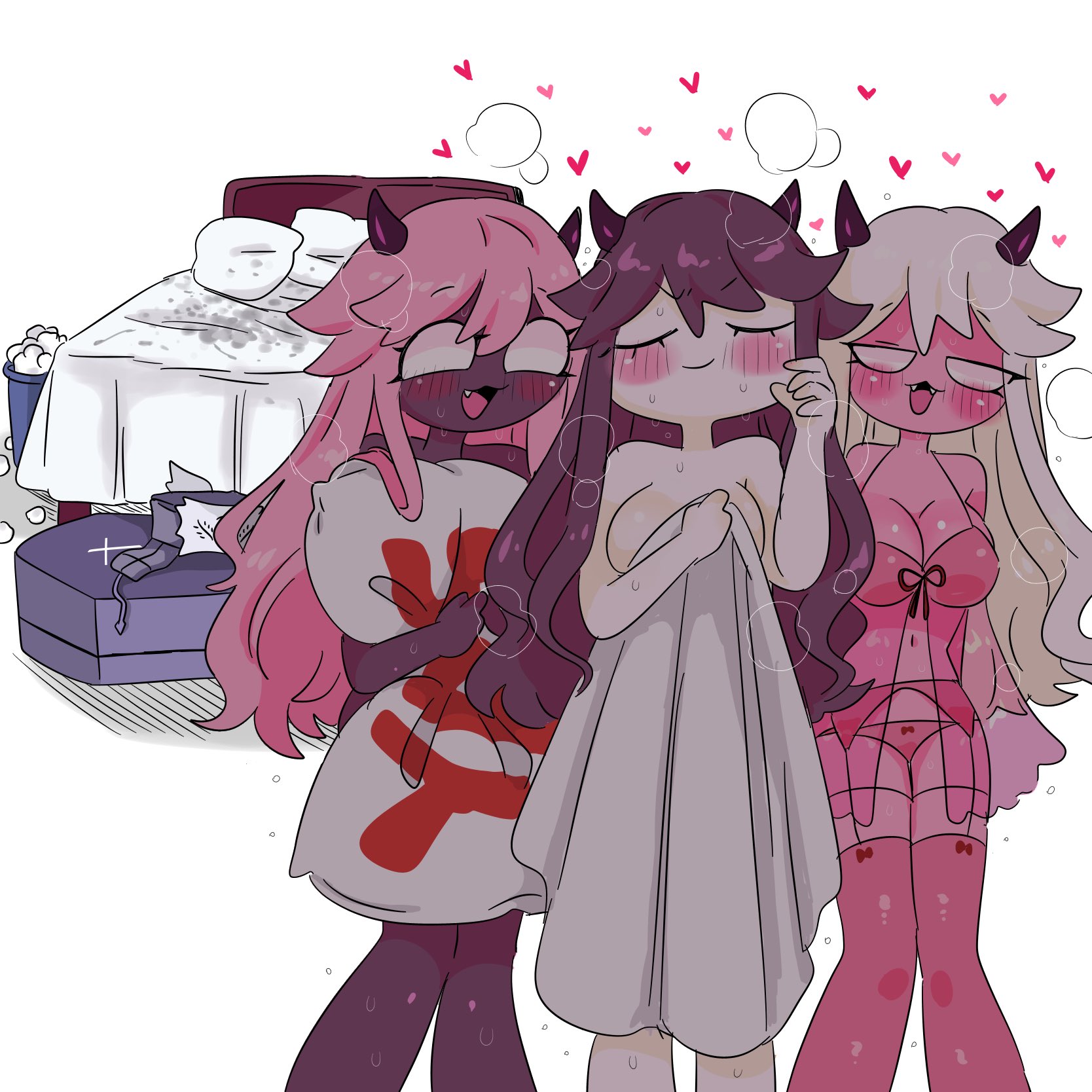 1boy, 3girls, after sex, coffin, cute face, death, demon, female, fnf, friday night funkin, friday night funkin mod, male, male death, mkcomvftg123, nude, nude female, pink body, pink hair, pink skin, ruv (dokki.doodlez), sarvente (dokki.doodlez), straight, succubus, tagme, towel, white hair